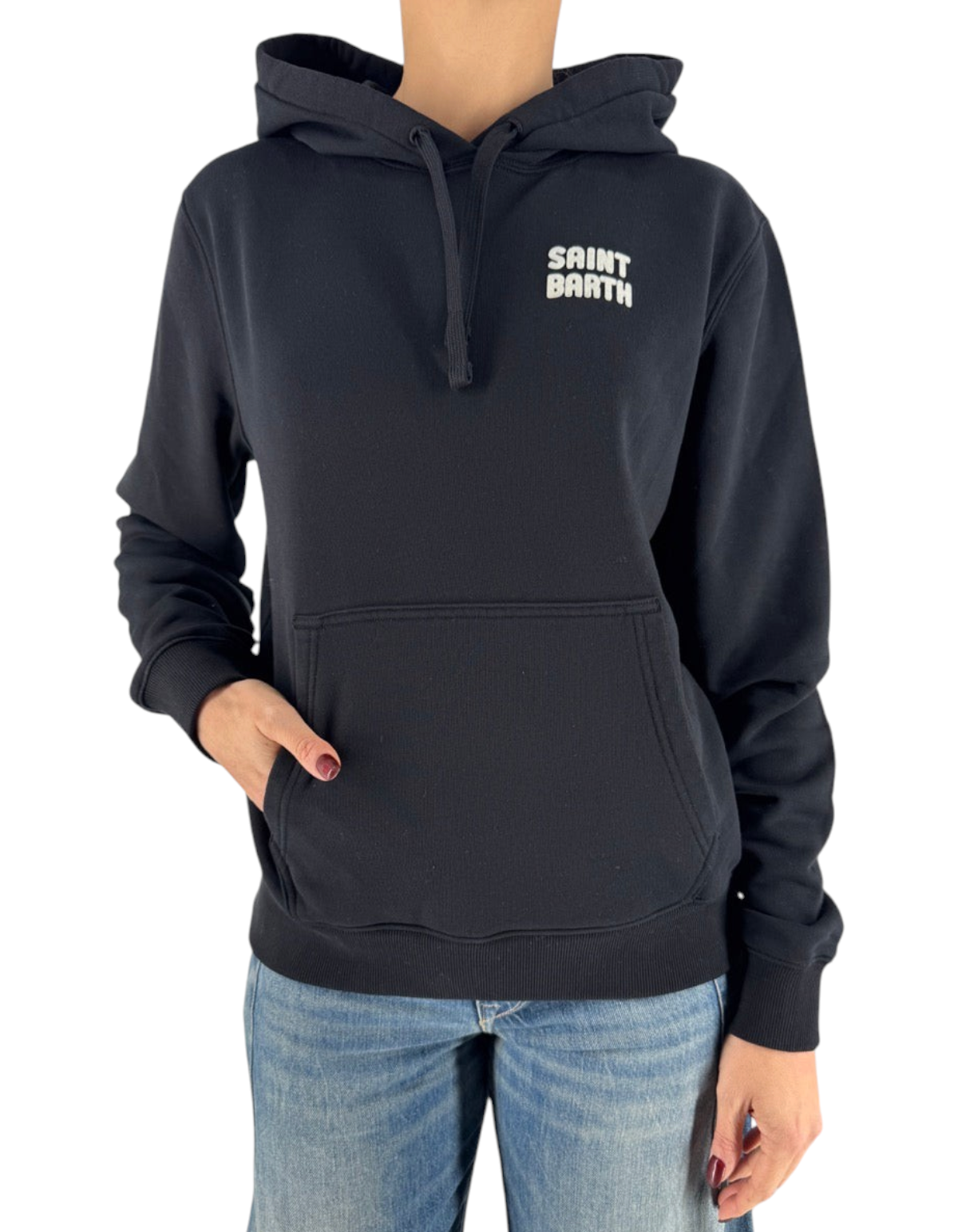Felpa con cappuccio DevidLabel MC2 Saint Barth Virginia nera in cotone con logo flock bianco e tasca a marsupio
