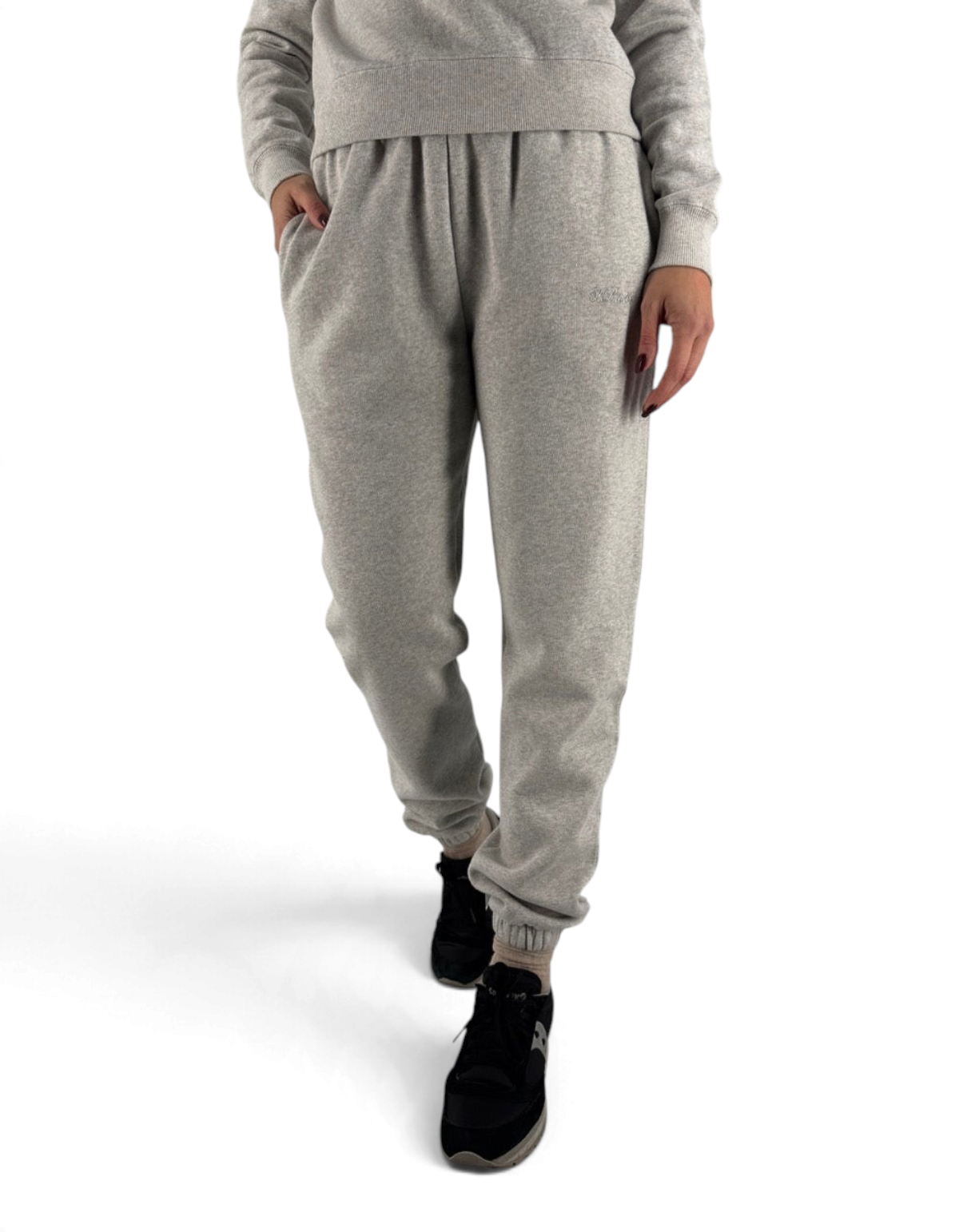 Pantalone jogger grigio DevidLabel in tessuto lurex con vita elasticizzata e polsini, stile casual e confortevole