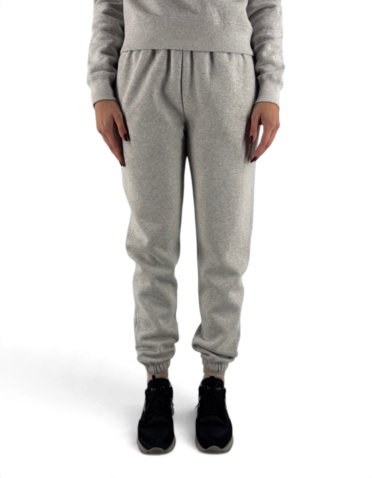 Pantalone jogger grigio in lurex DevidLabel con polsini elasticizzati indossato da una modella