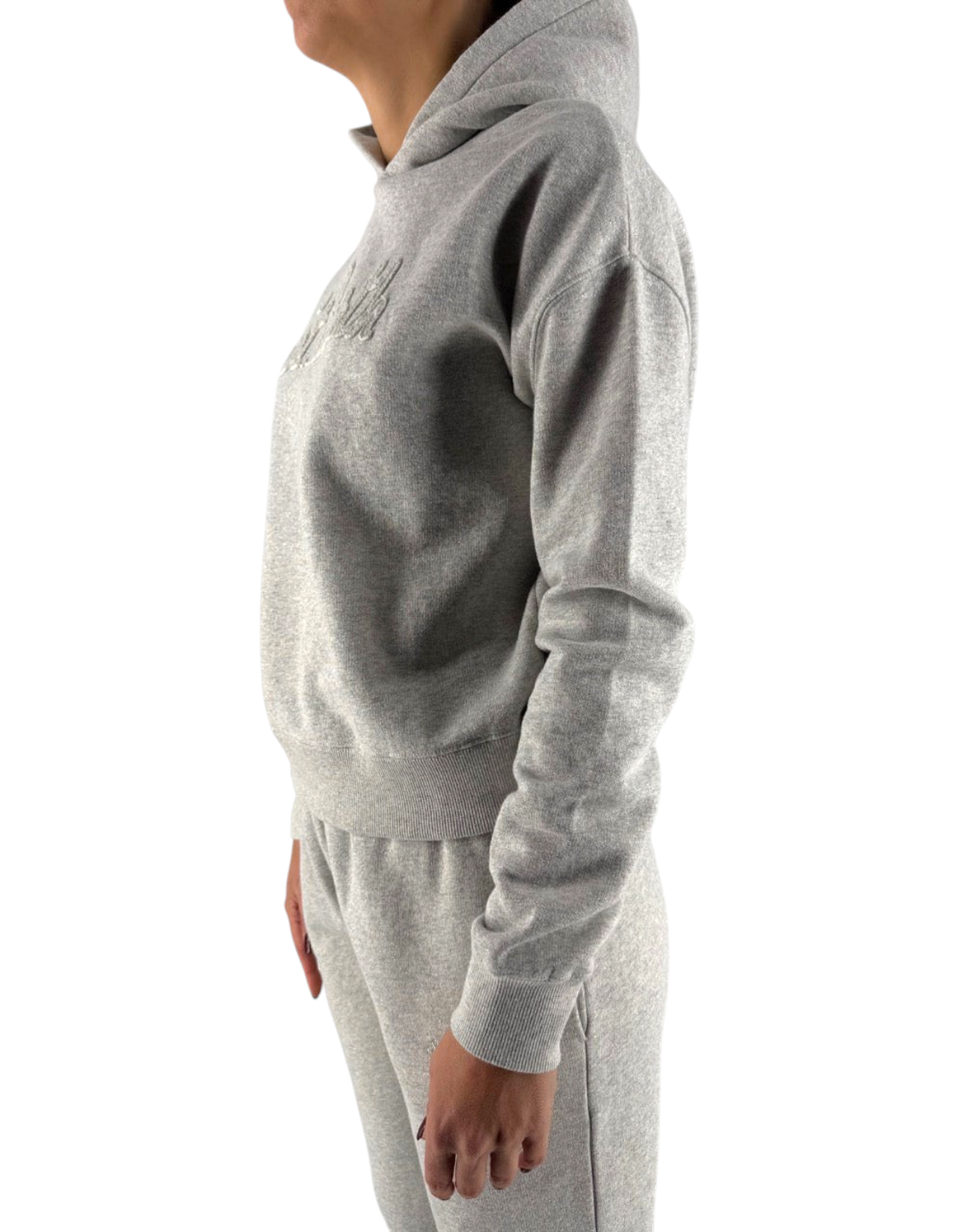 Felpa DevidLabel Mindy W Lurex grigia con cappuccio e ricamo frontale, vista laterale su modella