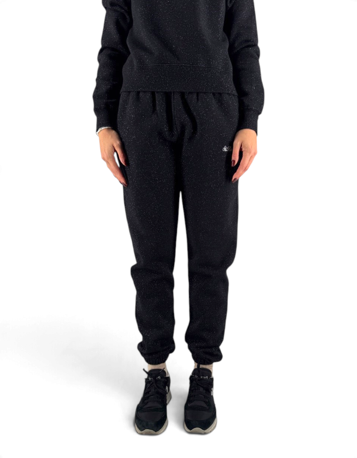 Pantalone donna DevidLabel Odalys W Lurex nero con dettagli glitterati, vestibilità comoda e polsini elasticizzati
