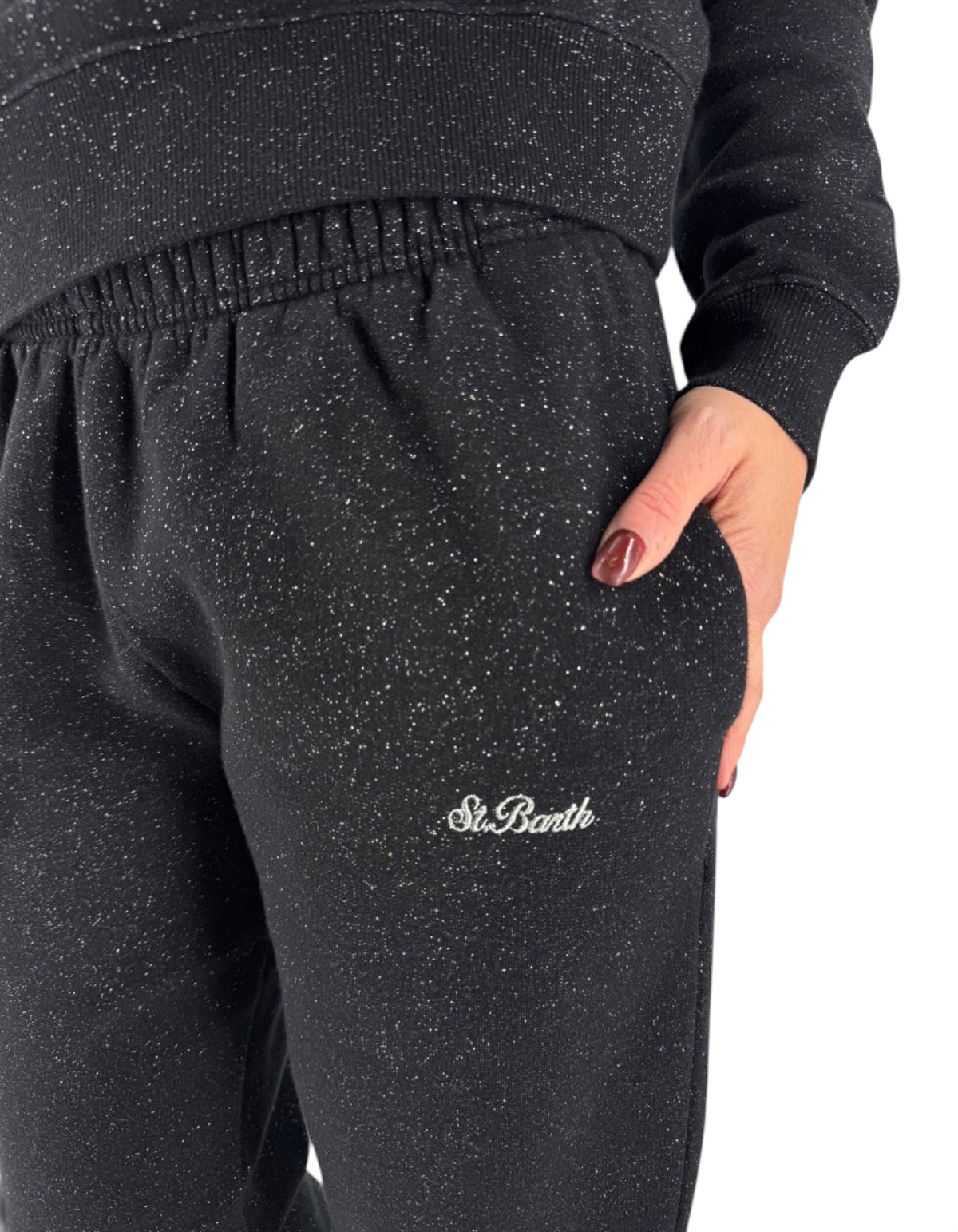 Pantalone donna DevidLabel Odalys in tessuto nero lurex con logo ricamato e vita elastica