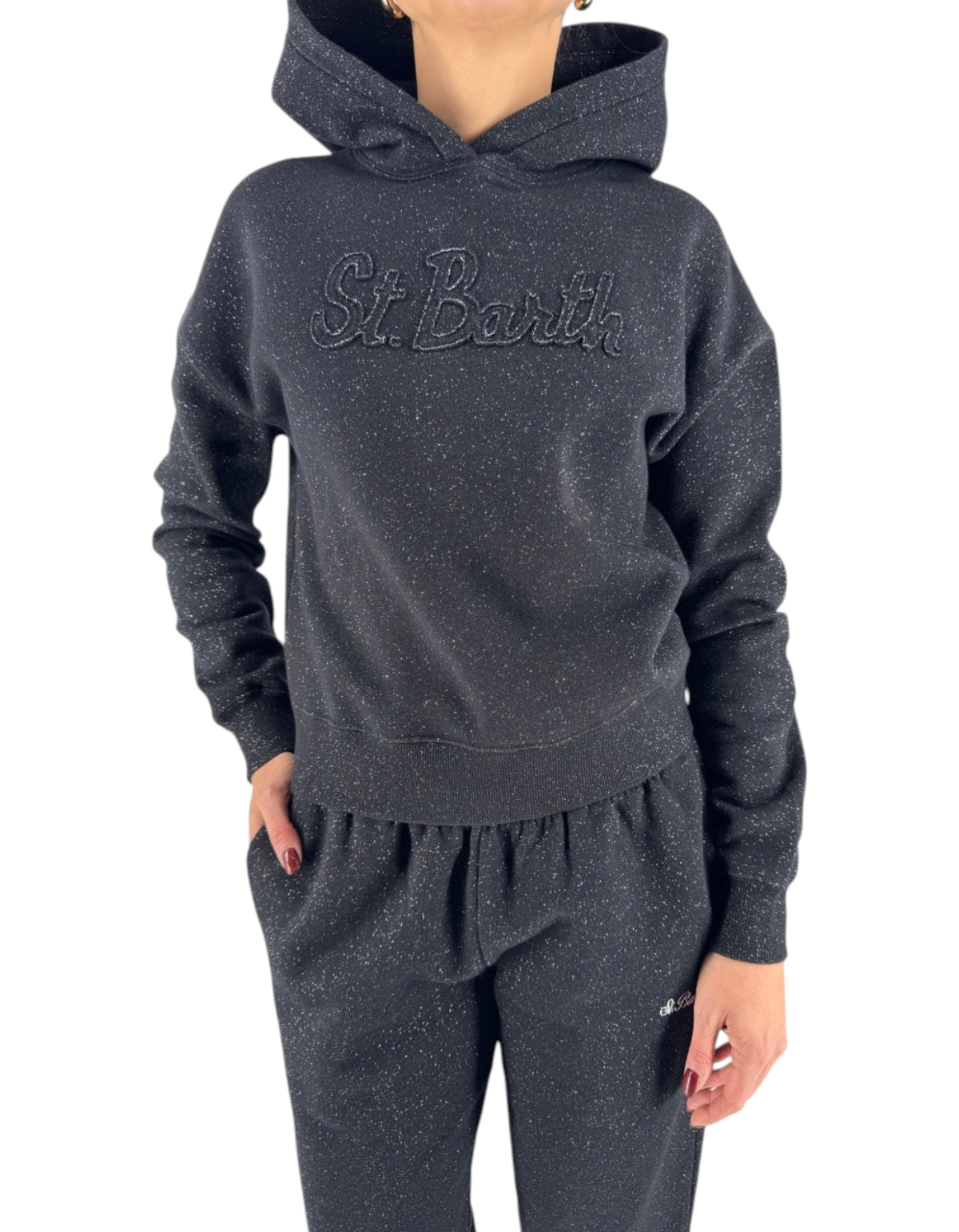 Felpa DevidLabel Mindy W Lurex nera con dettagli glitterati e scritta St Barth ricamata sul petto
