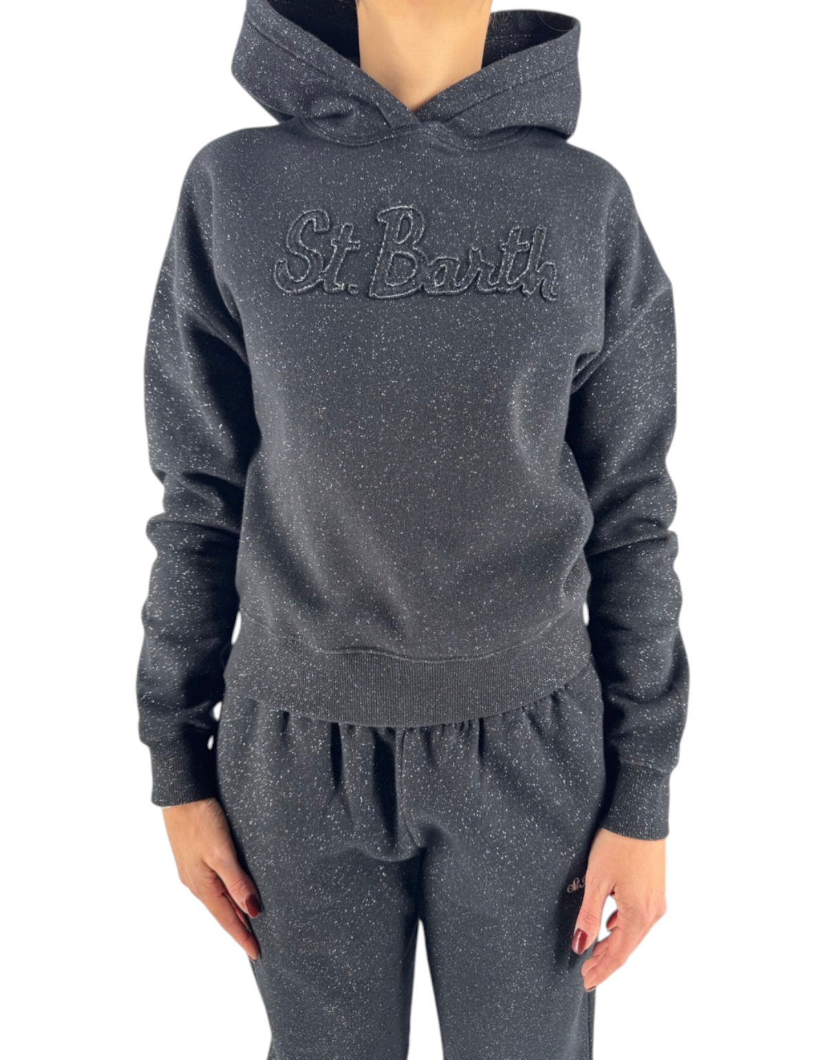 Felpa DevidLabel Mindy W Lurex nera con cappuccio e scritta St Barth ricamata in rilievo per donna