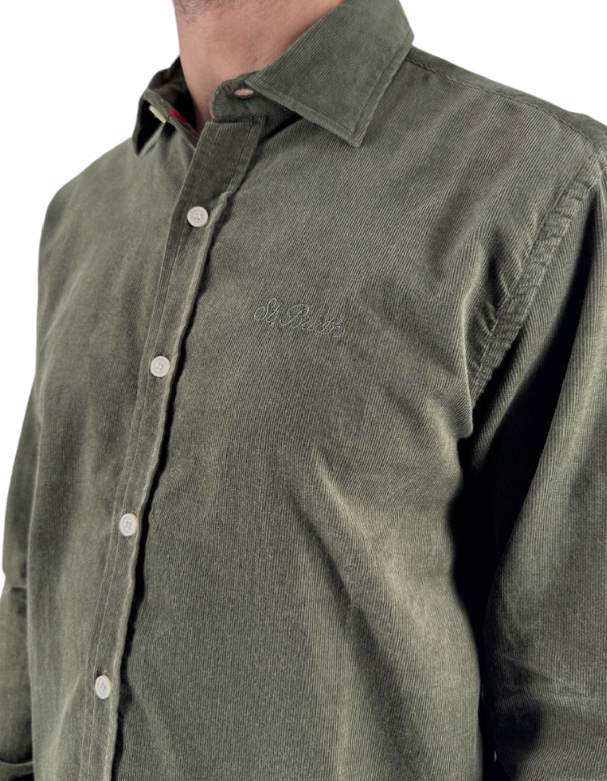 Camicia uomo DevidLabel modello Seefeld in velluto a coste verde oliva con logo ricamato sul petto