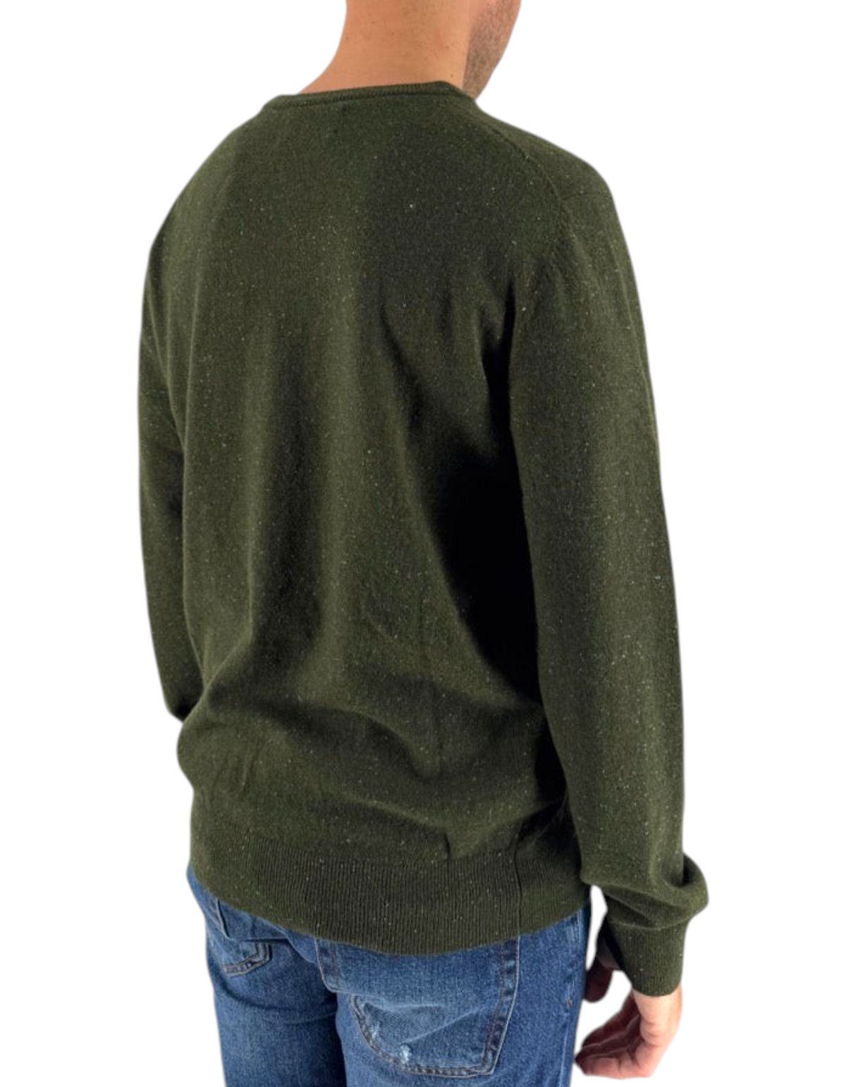 Vista posteriore del maglione DevidLabel Heron Light in misto lana e cashmere verde con effetto Donegal