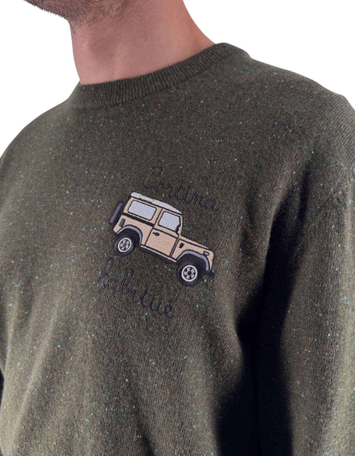 Maglione DevidLabel Heron Light in misto lana e cashmere verde con ricamo auto Cortina e vestibilità regolare