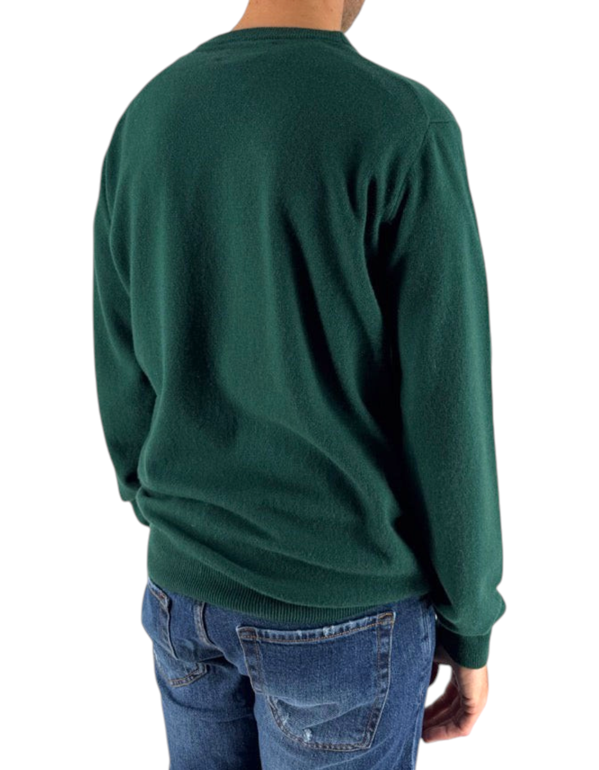 Vista posteriore di un uomo che indossa il maglione DevidLabel Heron Light verde in misto lana e cashmere