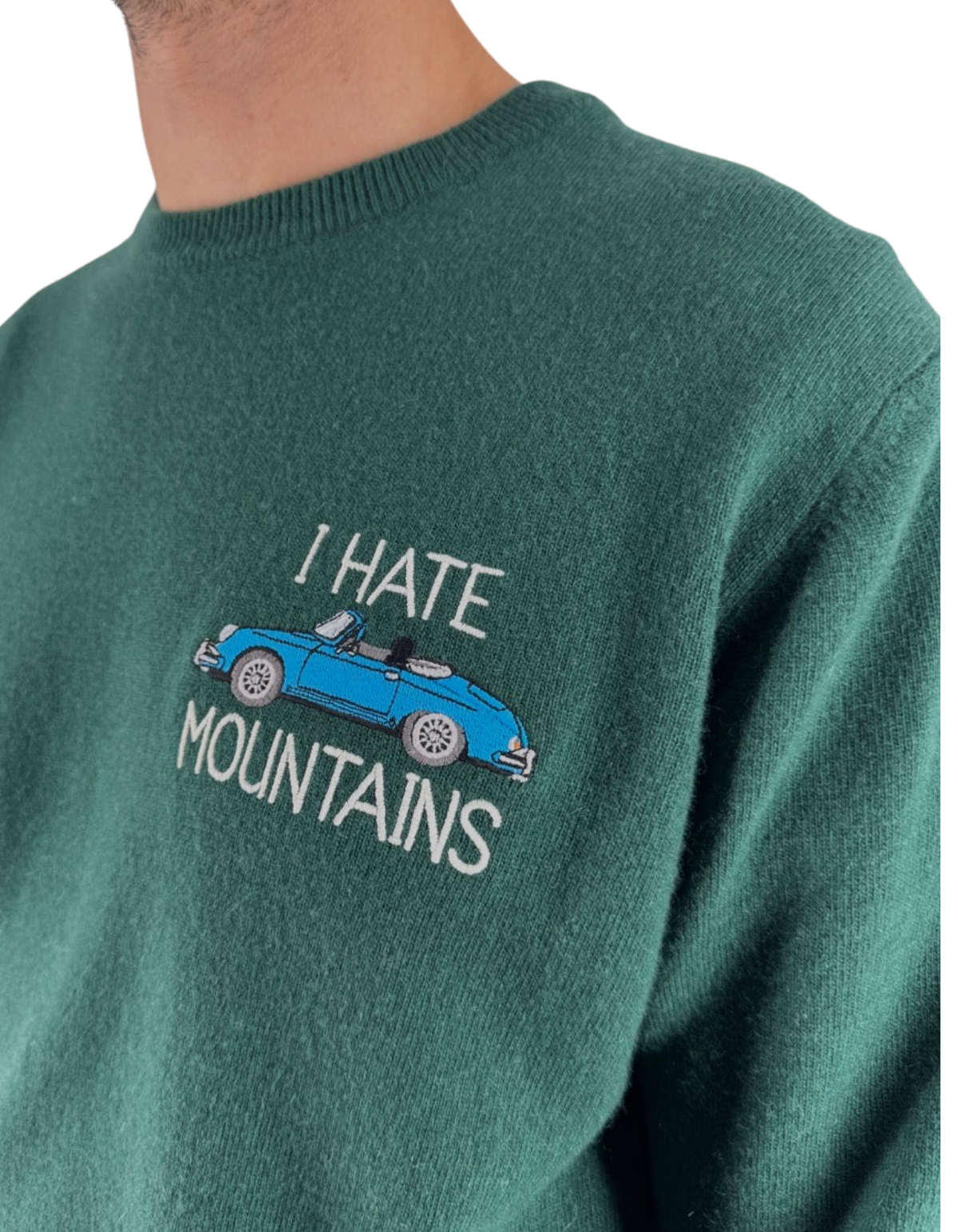 Maglione girocollo DevidLabel Heron Light verde in misto lana e cashmere con ricamo auto I Hate Mountains
