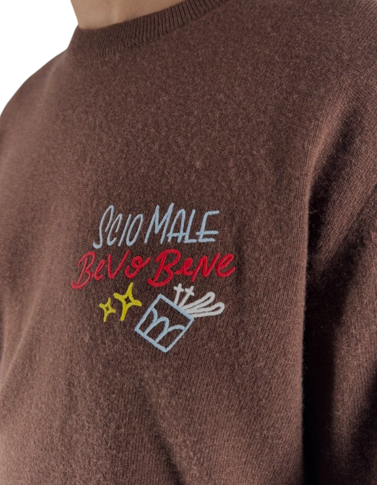 Maglione girocollo DevidLabel Heron Light marrone in misto lana e cashmere con ricamo ironico sul petto