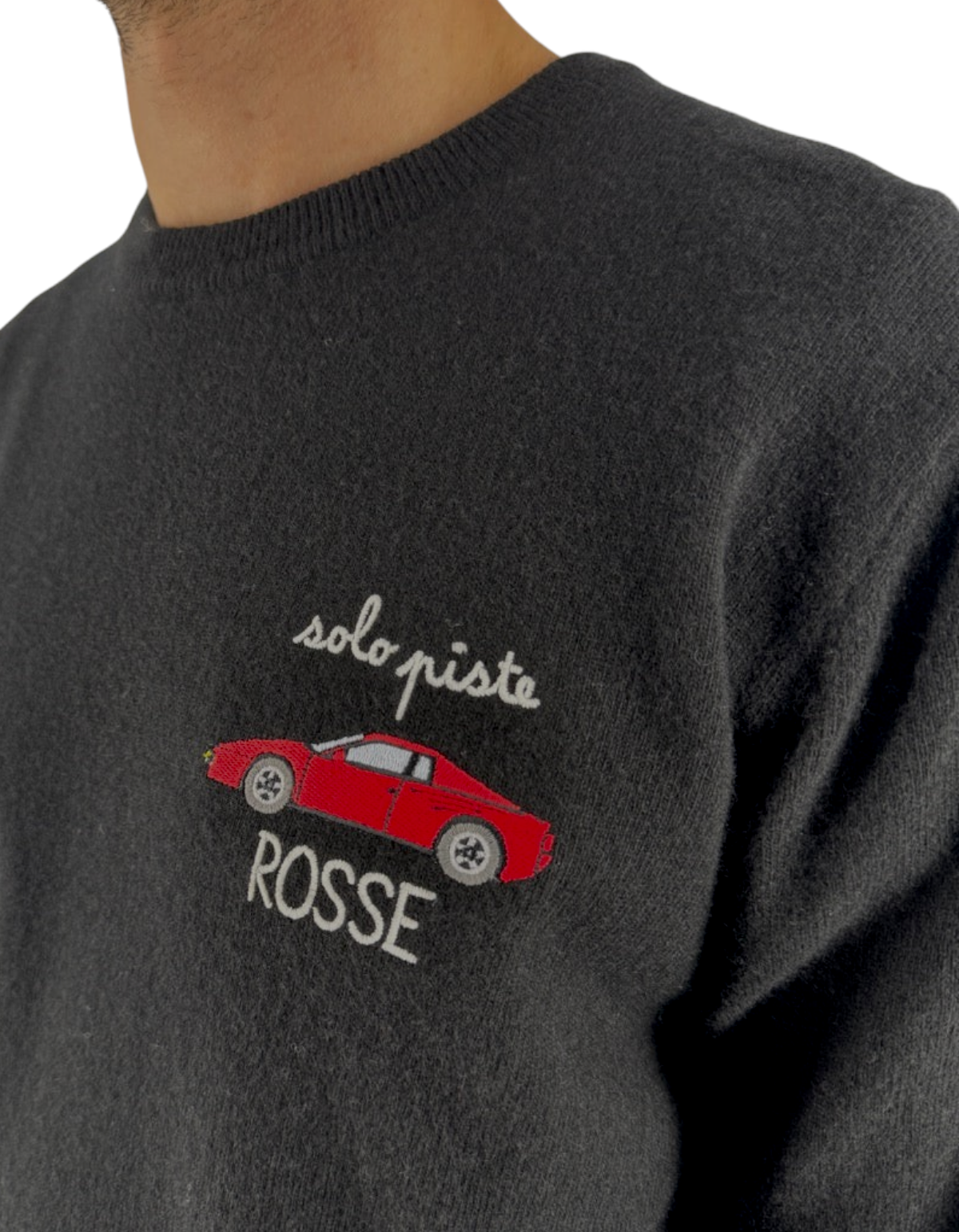 Maglione girocollo DevidLabel Heron Light in misto lana e cashmere nero con ricamo auto rossa e scritta Piste Rosse
