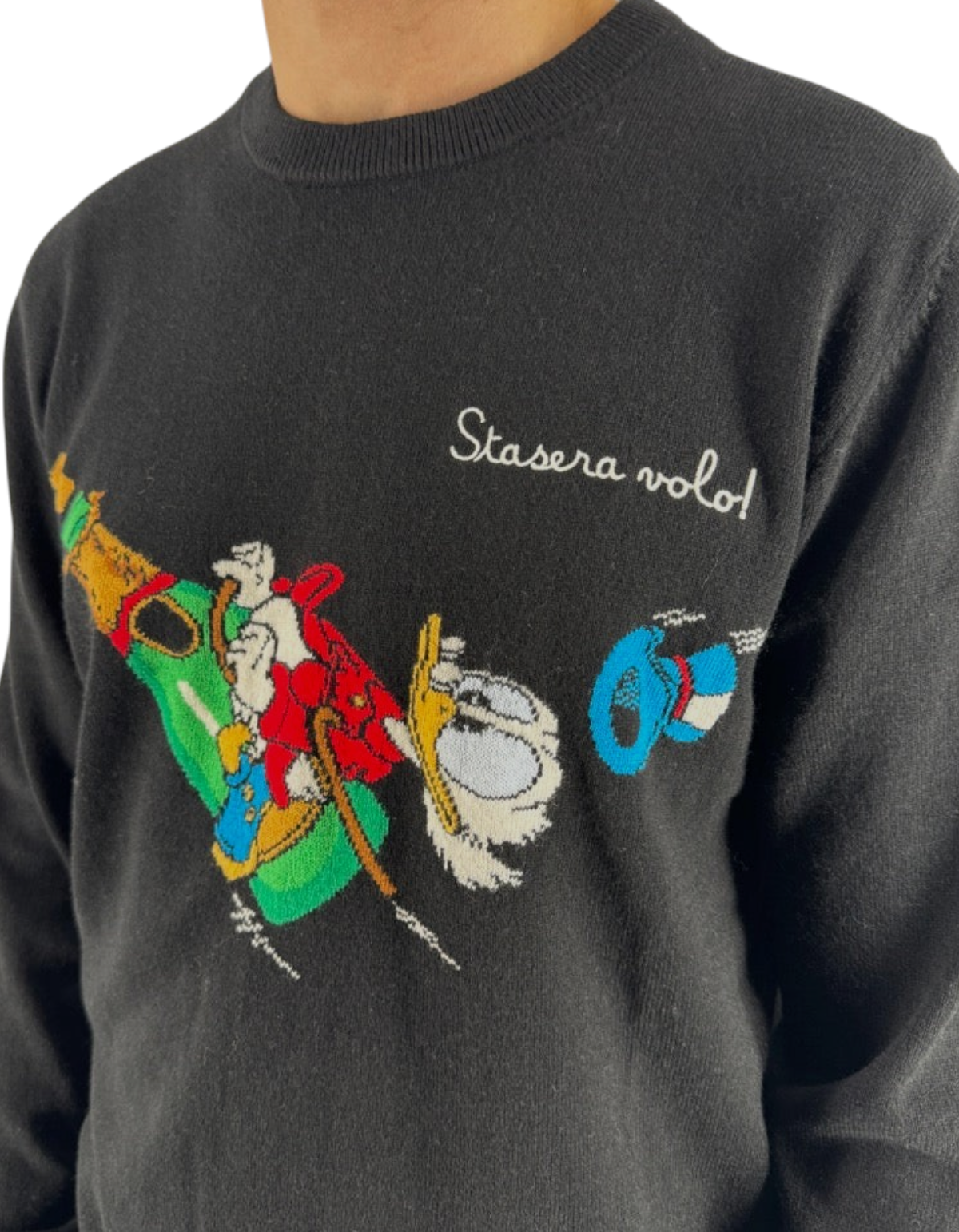 Maglione nero DevidLabel MC2 Saint Barth Heron Light con grafica natalizia di Scrooge Volo e scritta Stasera volo