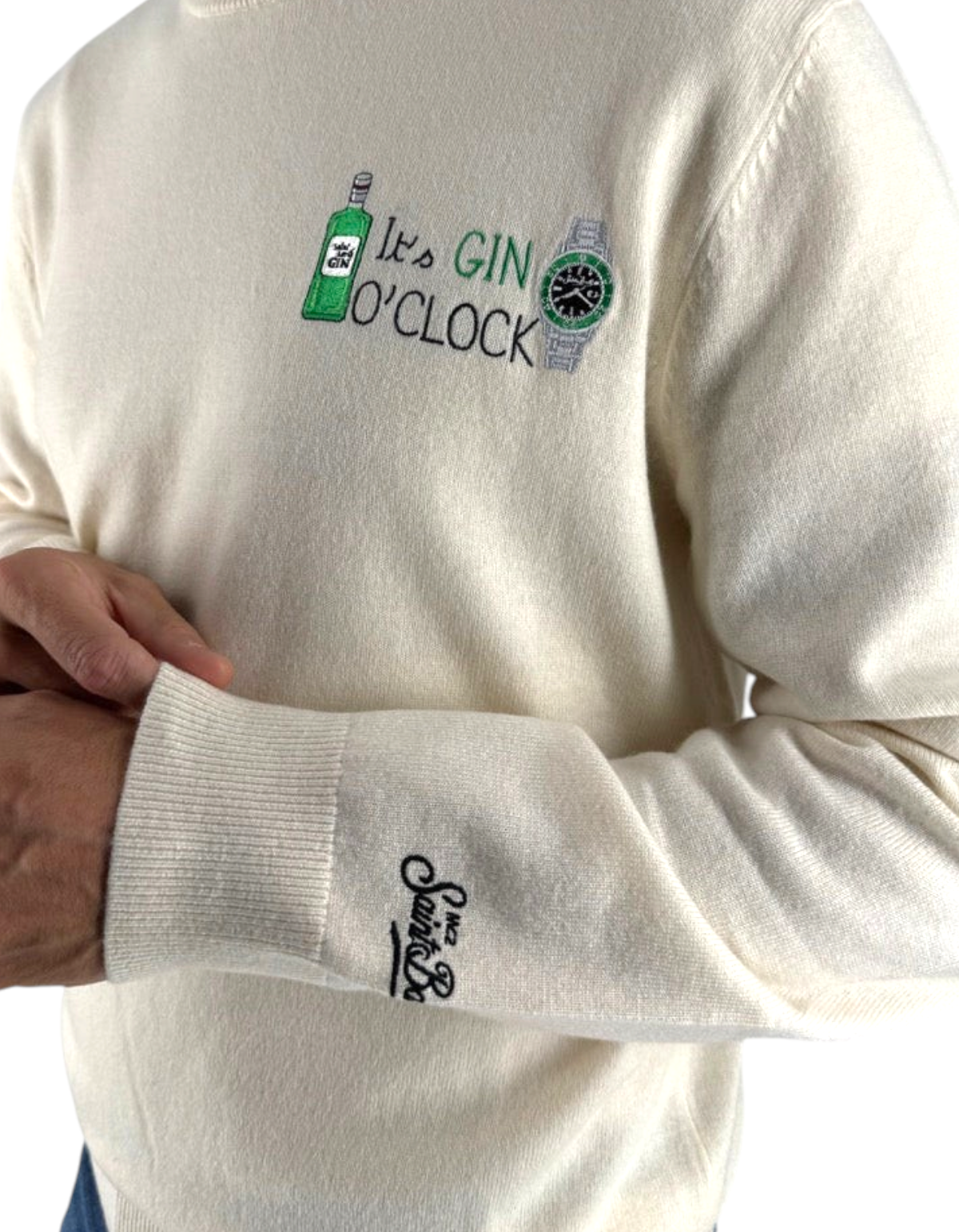 Maglione DevidLabel MC2 Saint Barth Heron Light color crema in misto lana e cashmere con ricamo Gin Clock sul petto