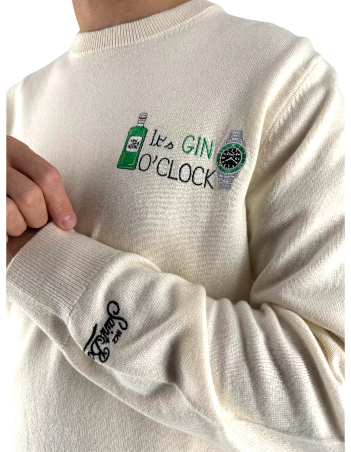 Maglione girocollo DevidLabel MC2 Saint Barth in misto lana e cashmere color crema con ricamo Gin Clock