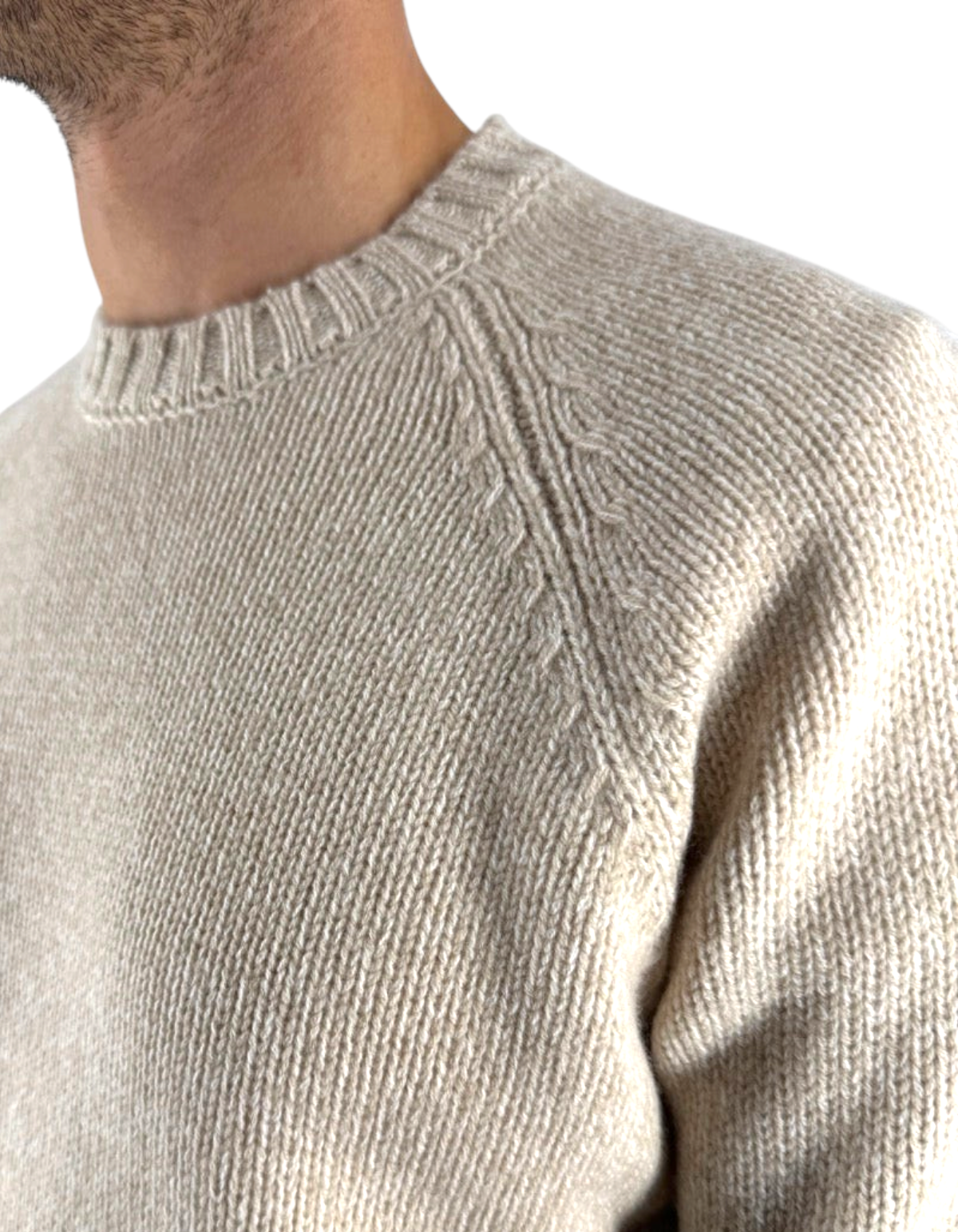 Maglione girocollo DevidLabel Blunt Mouline beige in pura lana con lavorazione a coste sulle spalle