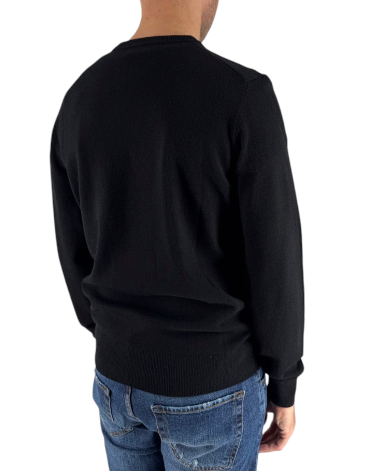 Maglione nero DevidLabel Heron Light indossato da uomo, vista posteriore, abbinato a jeans blu