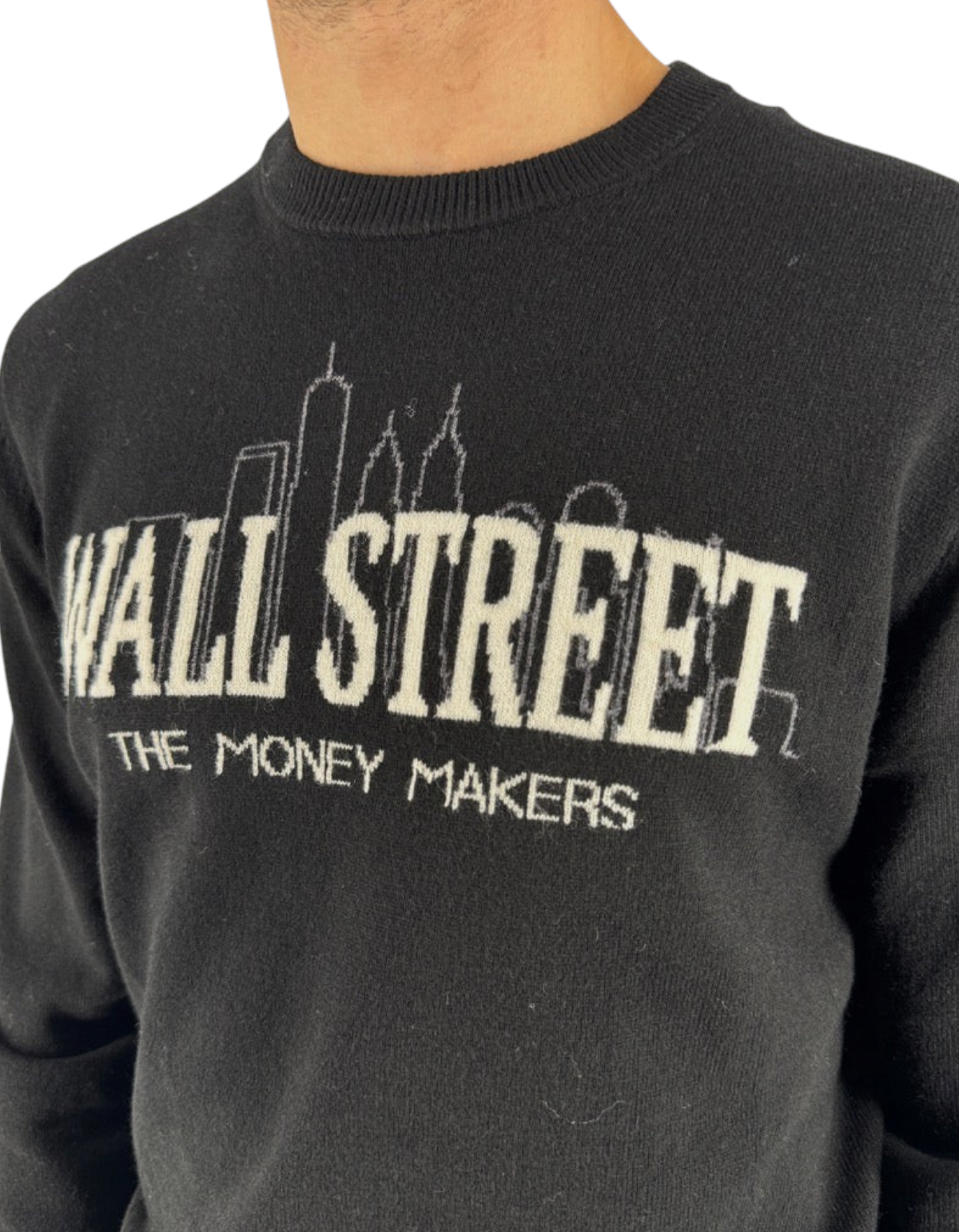 Maglione nero DevidLabel MC2 Saint Barth Heron Light con scritta Wall Street The Money Makers e skyline ricamato