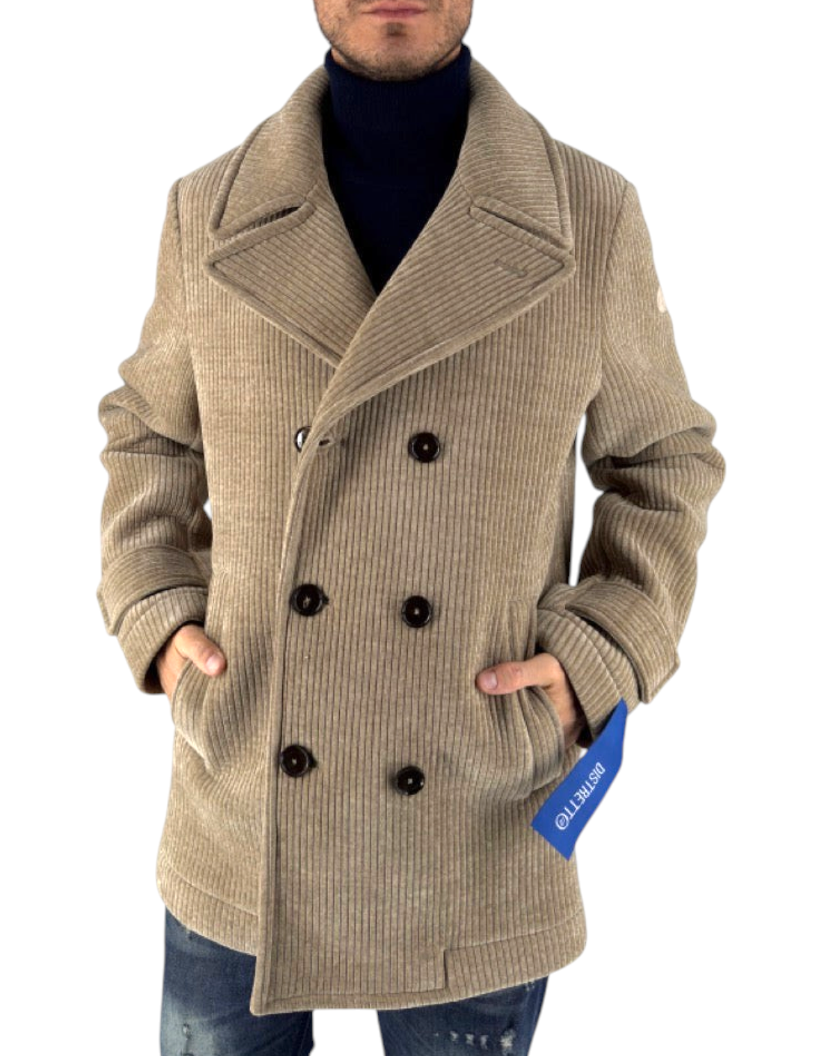 Peacoat Distretto 12 modello Alba in velluto a costa color cacha con chiusura doppiopetto e dettagli sartoriali