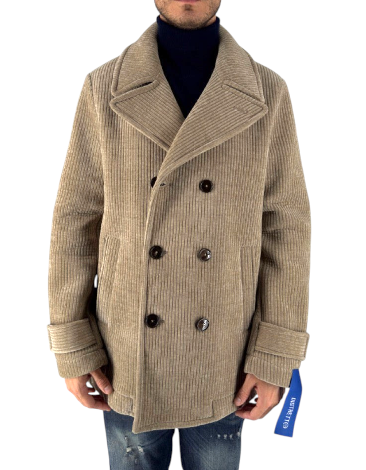 Peacoat Distretto 12 modello Alba in velluto a coste color cacha con chiusura doppiopetto e dettagli sartoriali