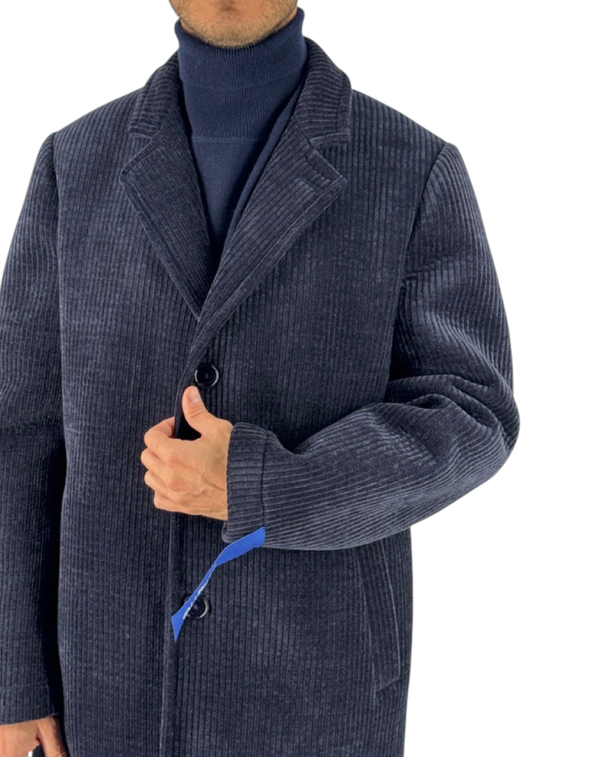 Cappotto uomo Distretto 12 modello Alba in velluto a coste blu con chiusura a tre bottoni e dettagli a contrasto