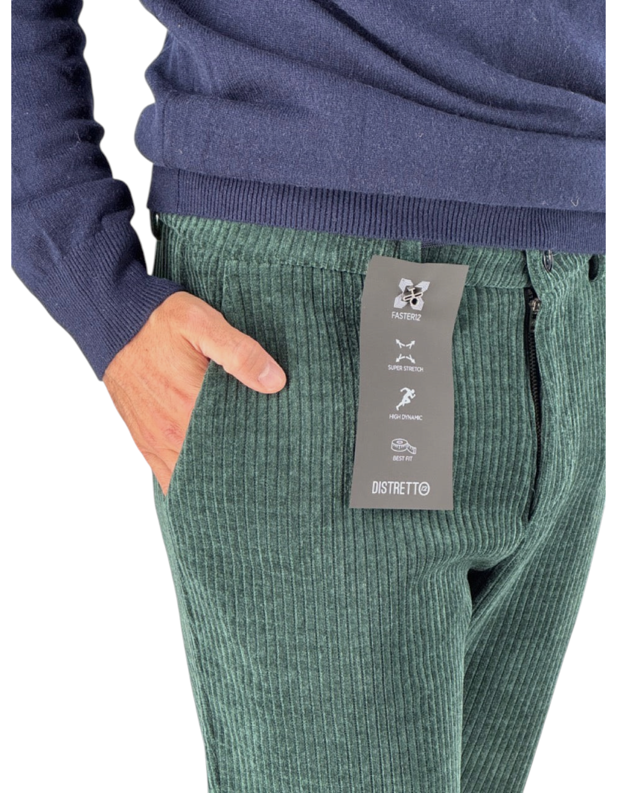 Pantaloni Distretto 12 York Torino in velluto a costa francese verde bottiglia con vestibilità regular e super comfort