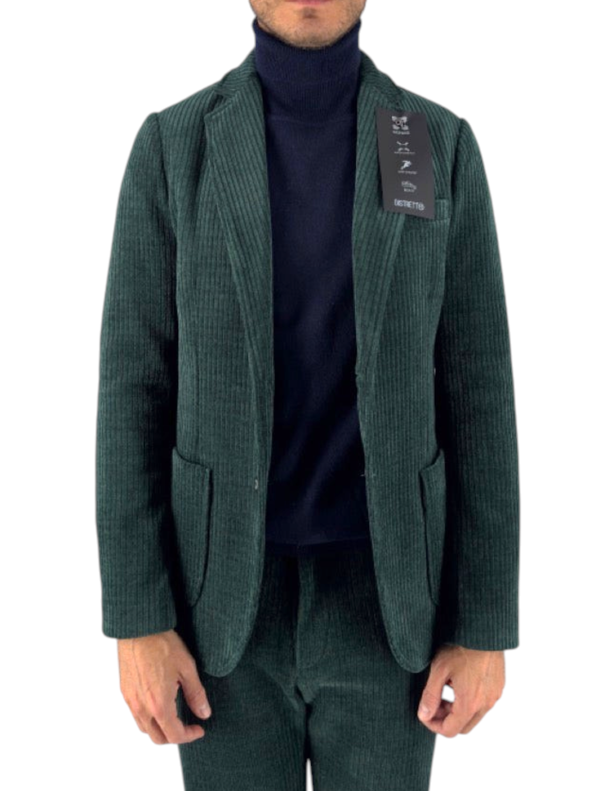 Modello Distretto 12 indossa giacca Torino in velluto a coste verde bottiglia, stile monopetto con tasche applicate