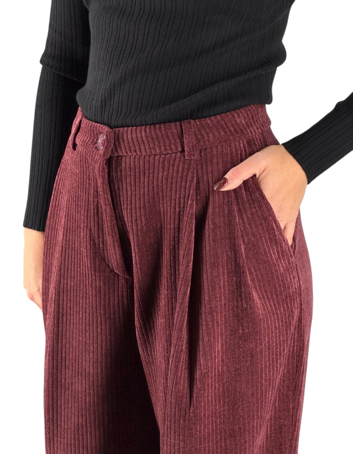 Pantaloni regular Distretto 12 modello Torino in velluto a coste color vino con tasche laterali e vestibilità comoda
