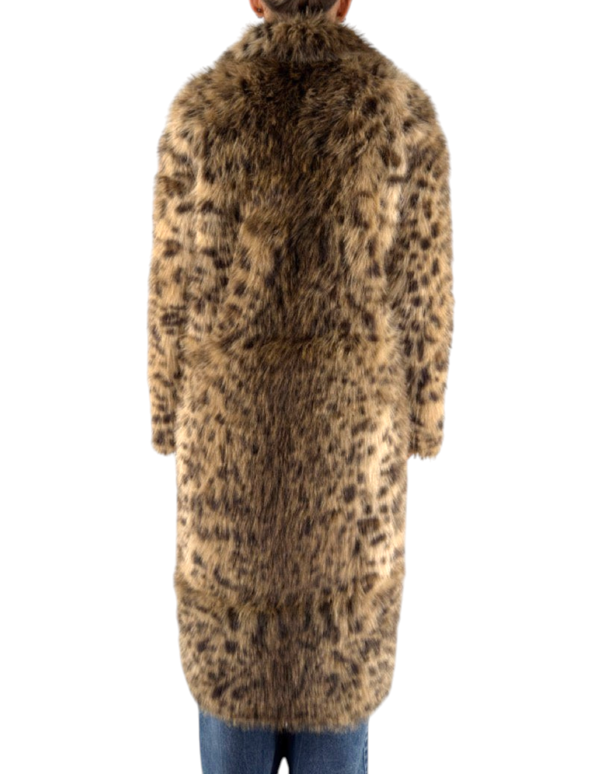 Cappotto lungo reversibile con fantasia leopardata nocciola in pelliccia sintetica, vista posteriore.