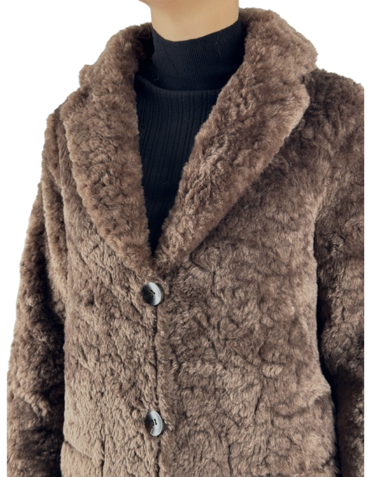 Cappotto reversibile in pelliccia sintetica color fango e nocciola con chiusura a bottoni