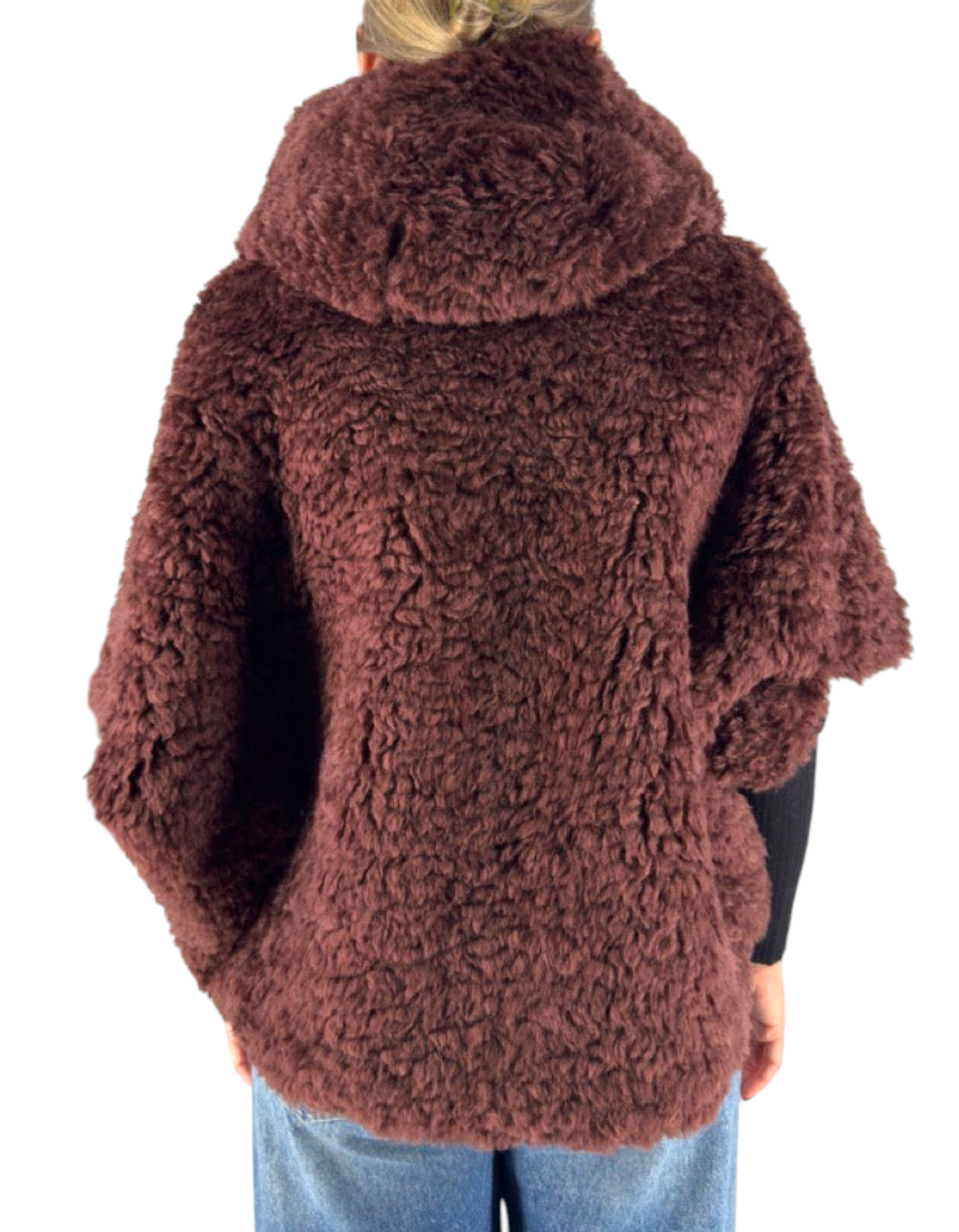 Cappa reversibile bordeaux con cappuccio in tessuto sintetico effetto pelliccia, vista posteriore