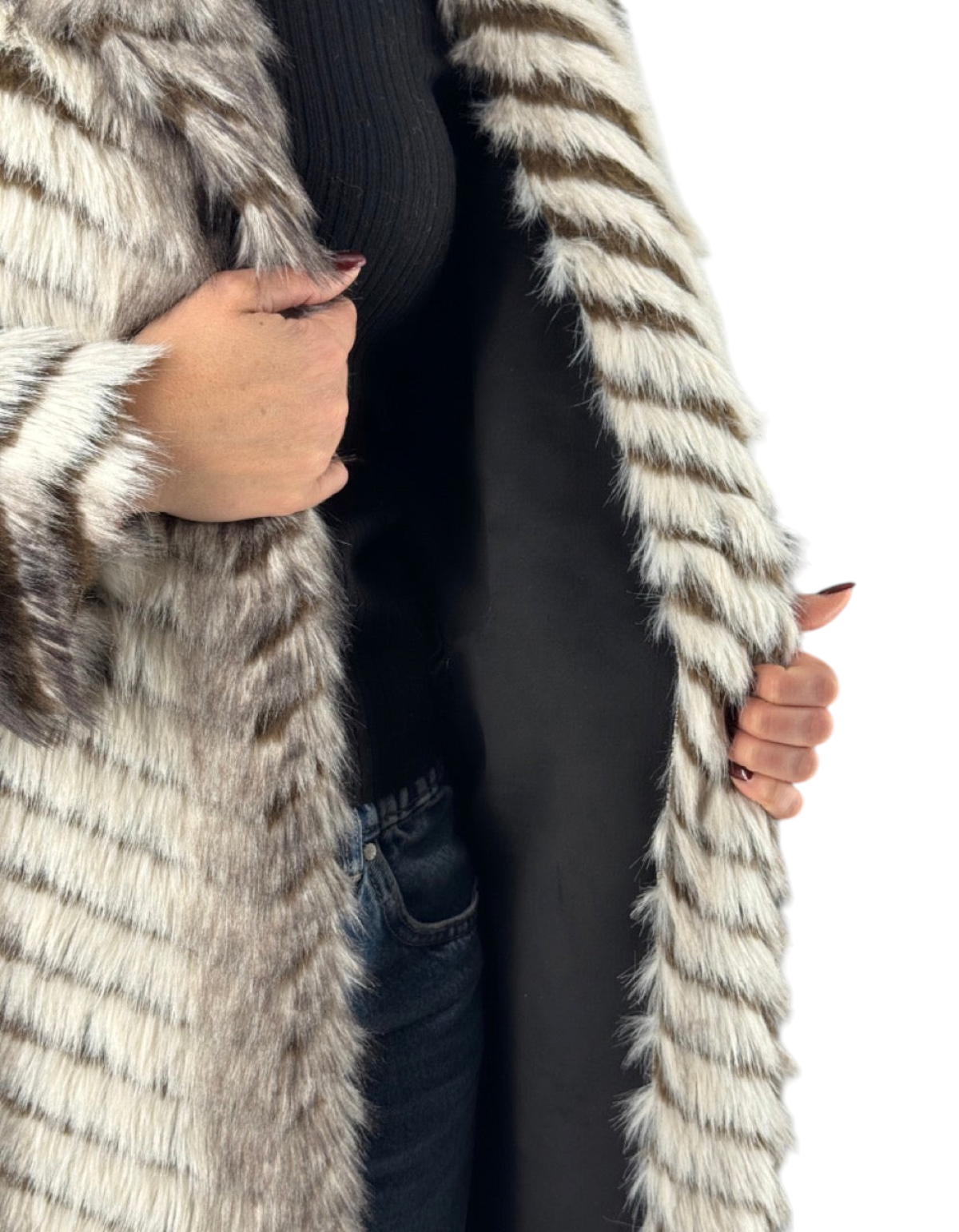 Cappotto reversibile bianco e grigio con motivo zig zag in pelliccia sintetica e interno effetto suede