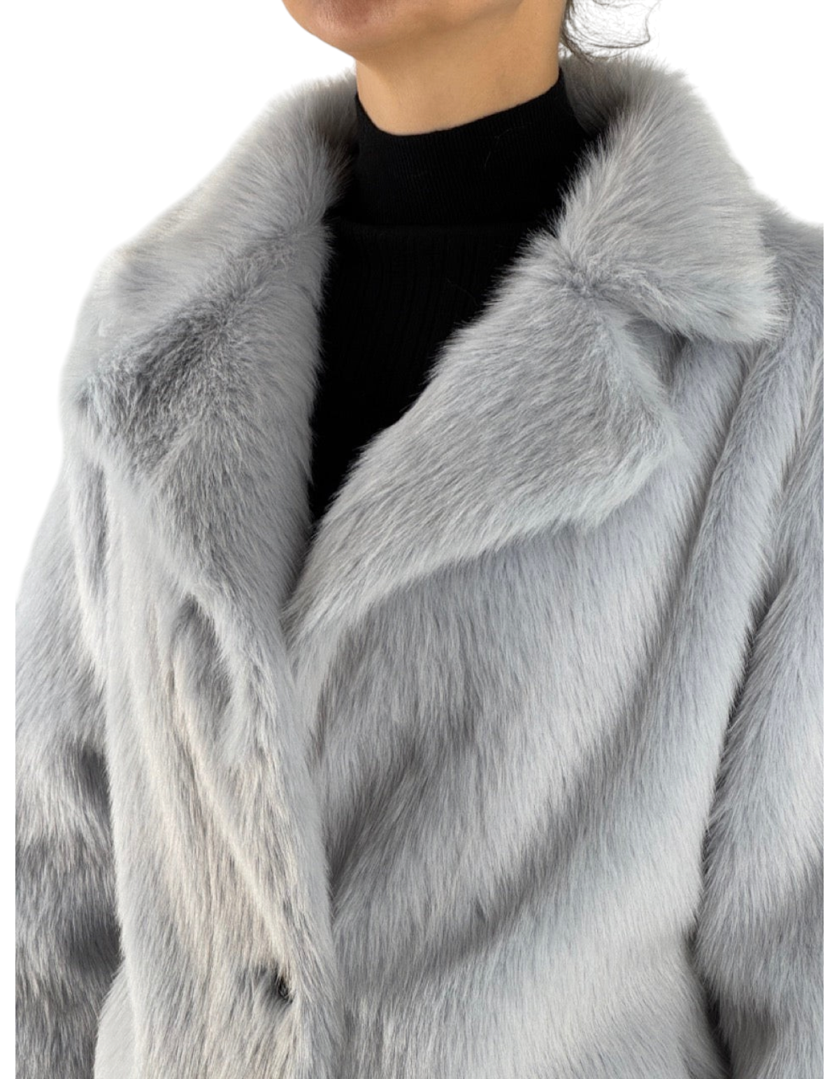 Giacca reversibile in pelliccia sintetica color Sky con colletto ampio e texture morbida