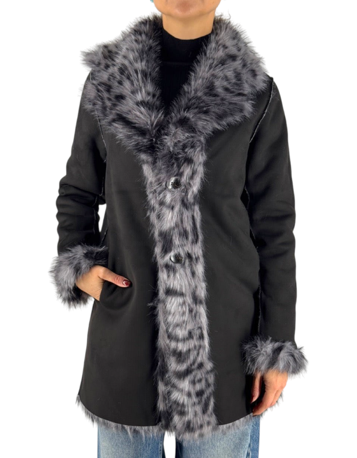 Cappotto reversibile nero effetto suede con bordi e colletto in pelliccia sintetica leopardata grigia