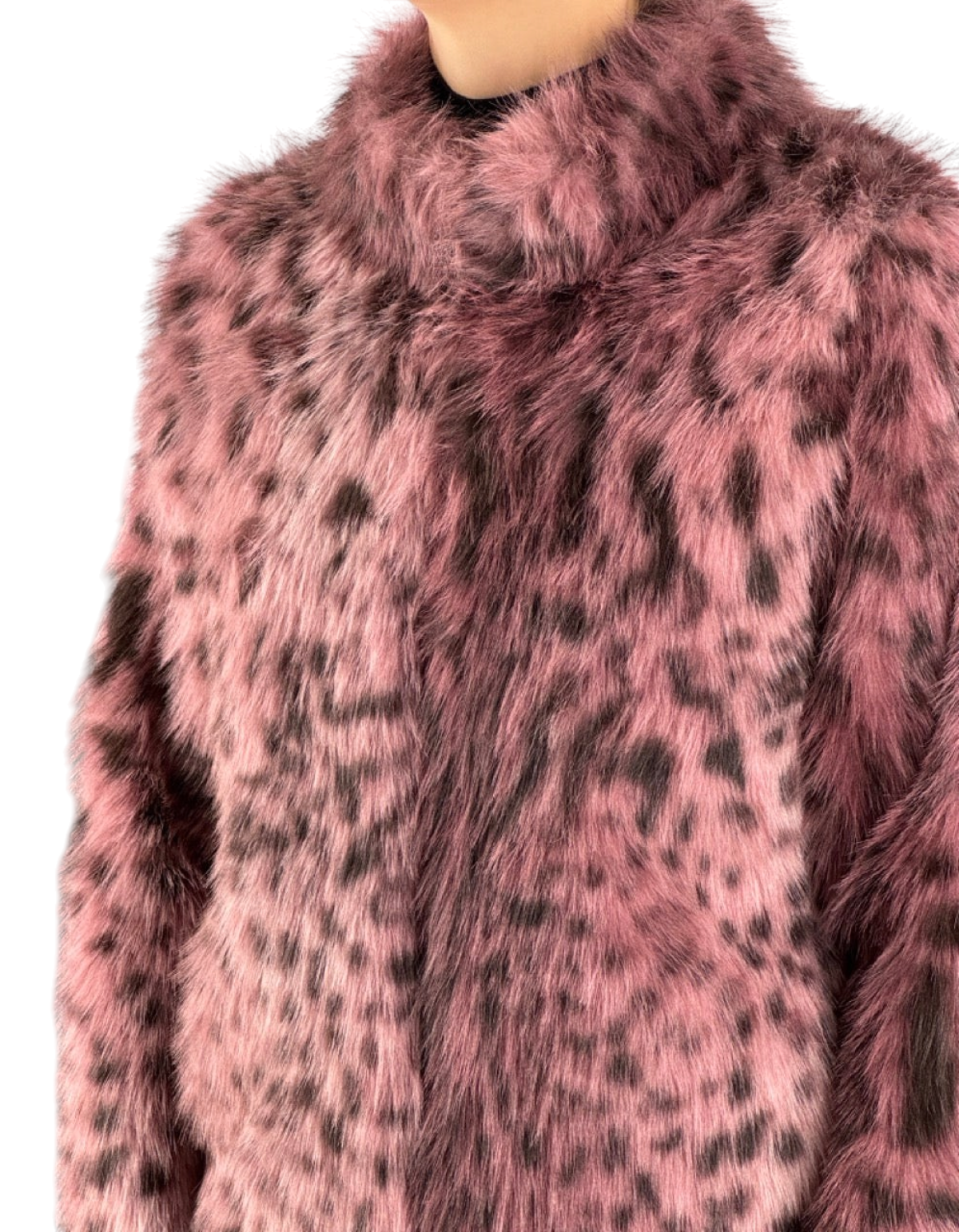 Giacca reversibile in ecopelliccia rosa con stampa leopardata e collo alto per donna