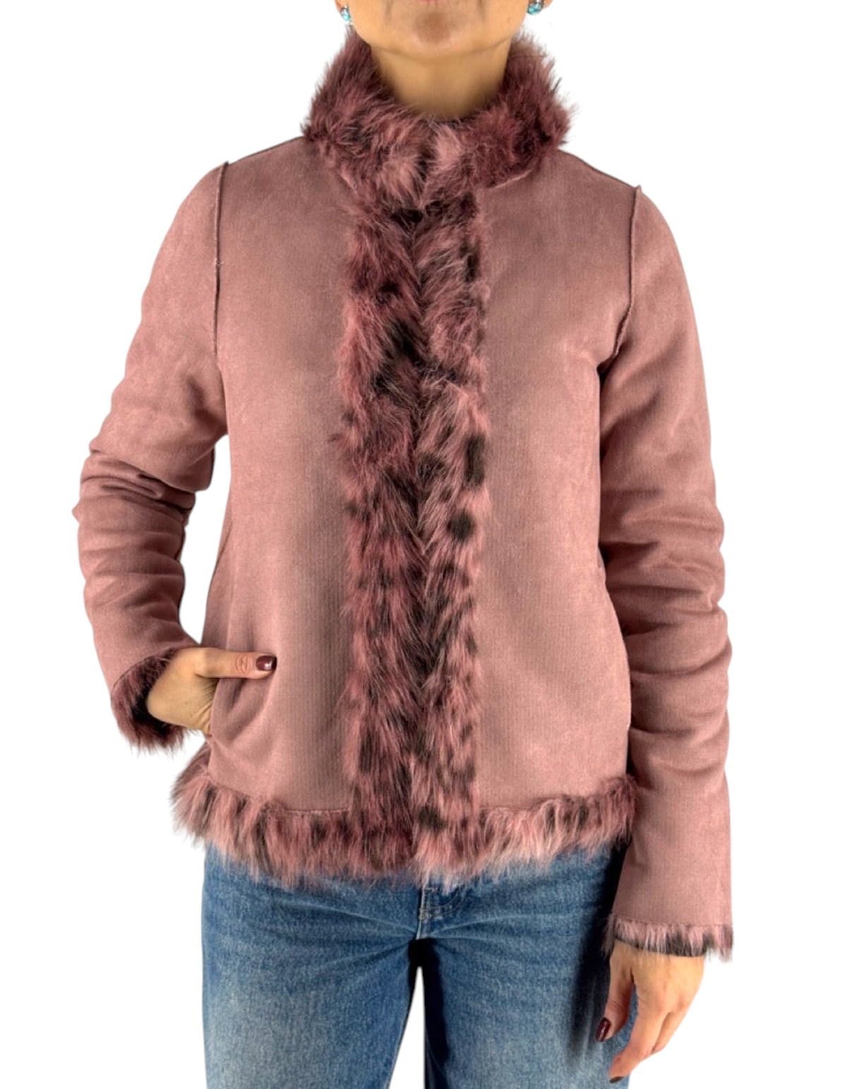 Giacca reversibile rosa effetto suede con dettagli in pelliccia leopardata e collo alto