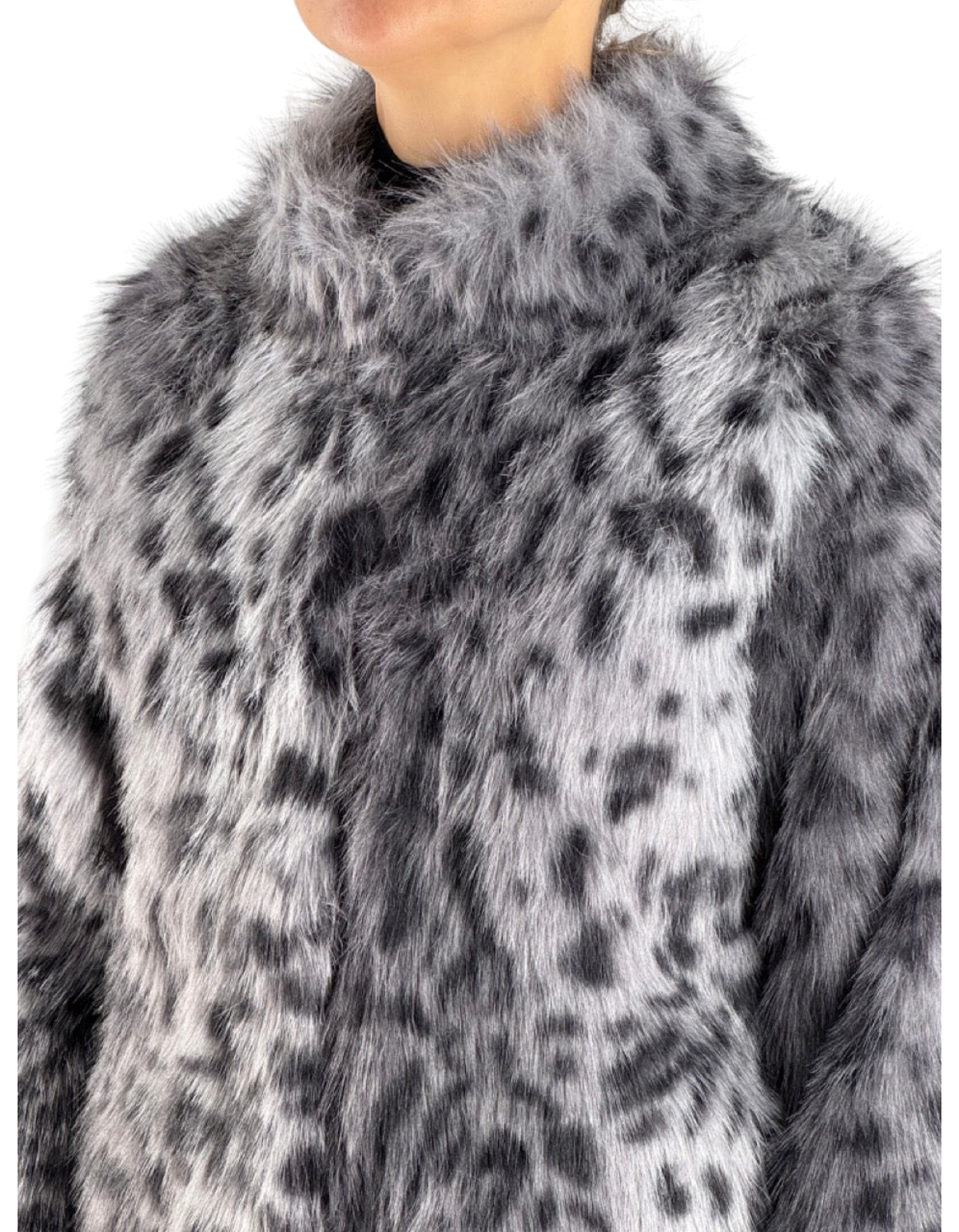 Giacca reversibile in pelliccia sintetica grigia con stampa leopardata e collo alto