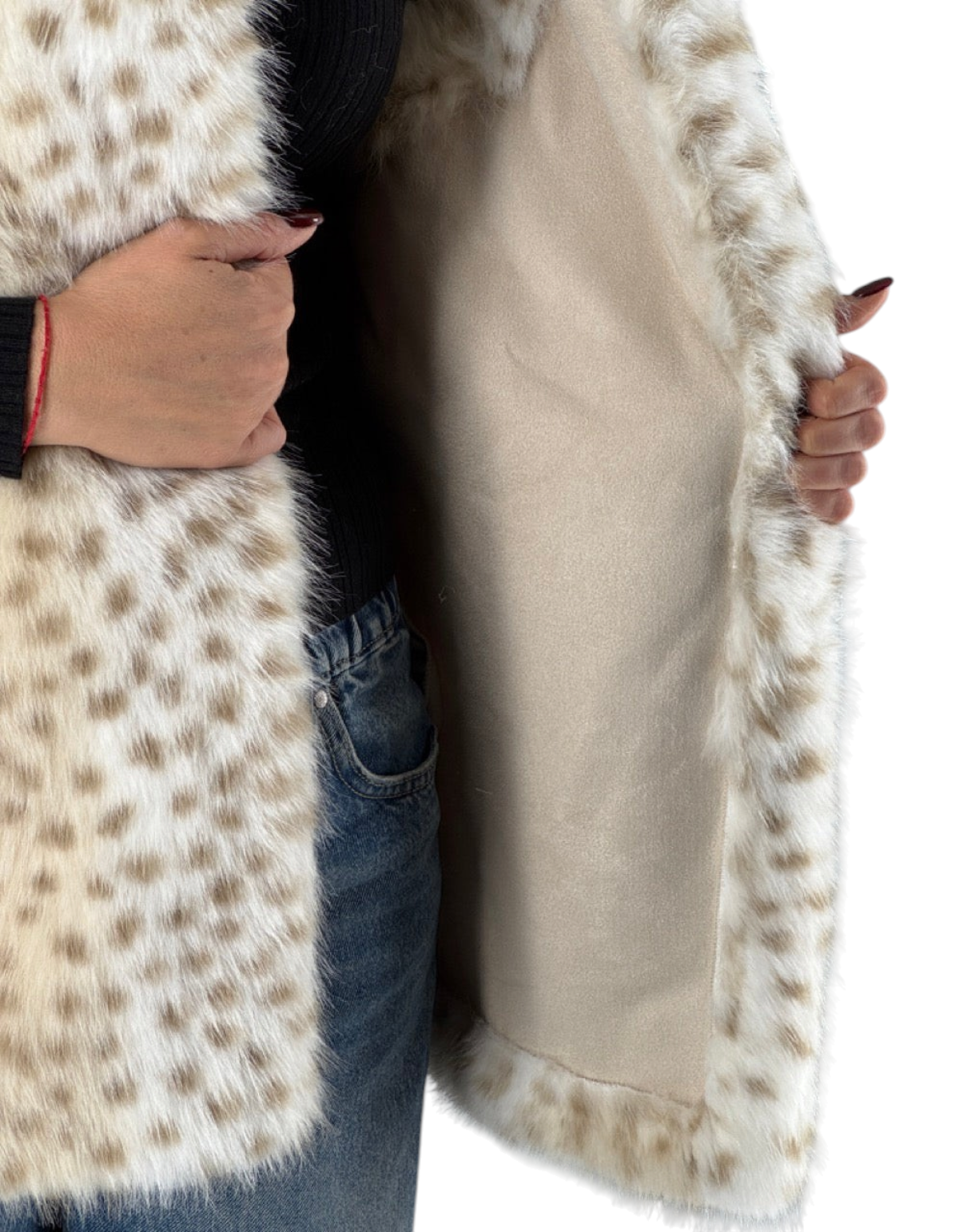 Gilet reversibile con cappuccio, stampa animalier Lynx in pelliccia sintetica e interno in tessuto liscio