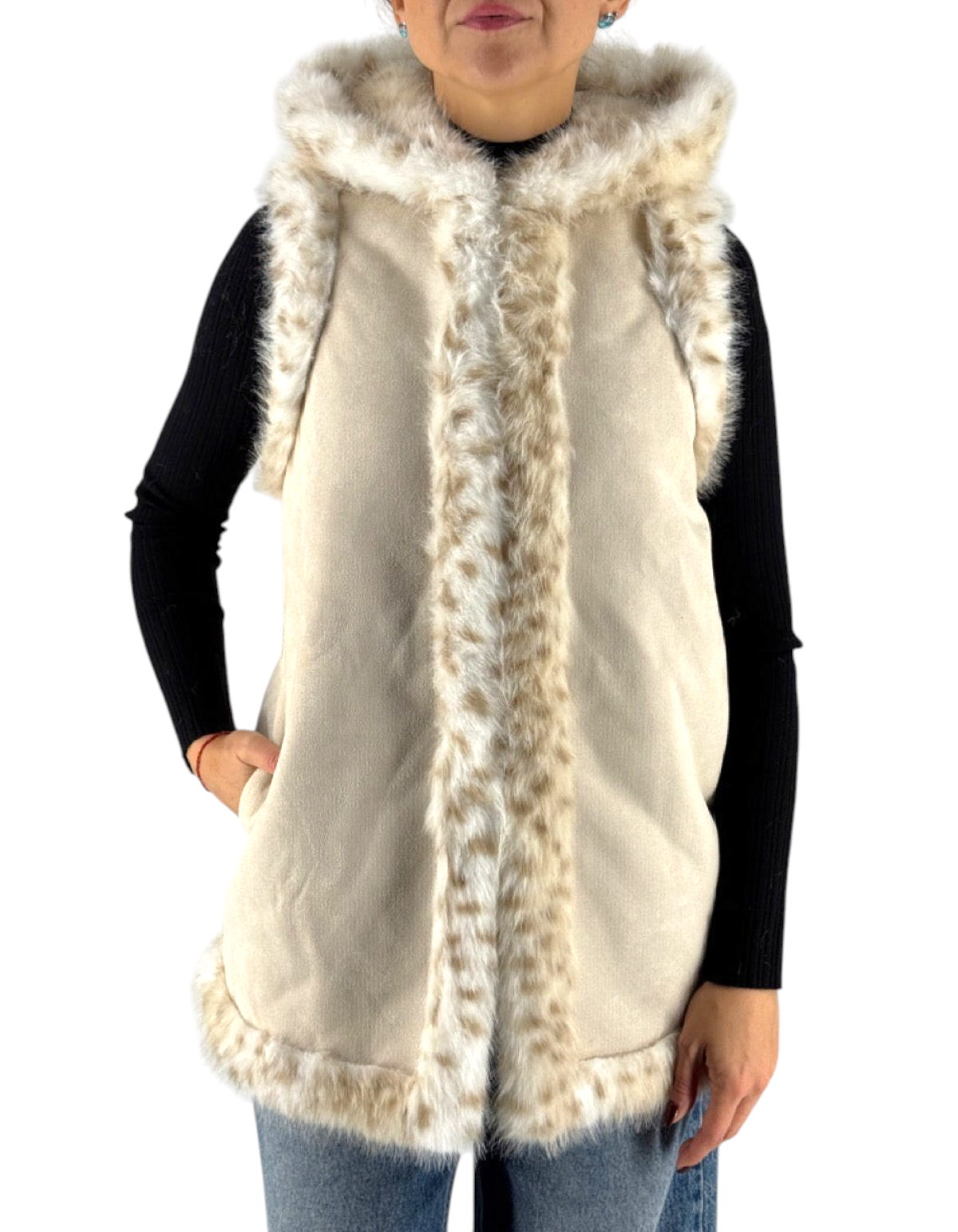 Gilet reversibile color Lynx con cappuccio e finiture in ecopelliccia, ideale per outfit invernali a strati