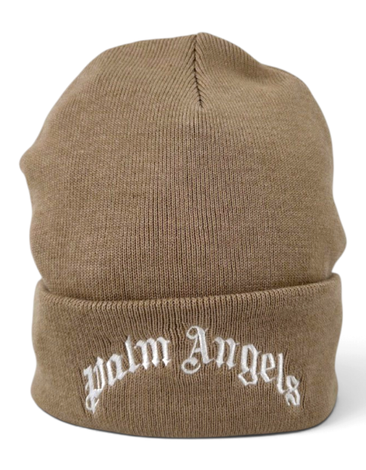 Berretto beanie Palm Angels color kaki in misto cotone con logo ricamato bianco sul risvolto
