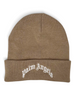 Berretto beanie color kaki in misto cotone con logo Palm Angels ricamato sul risvolto