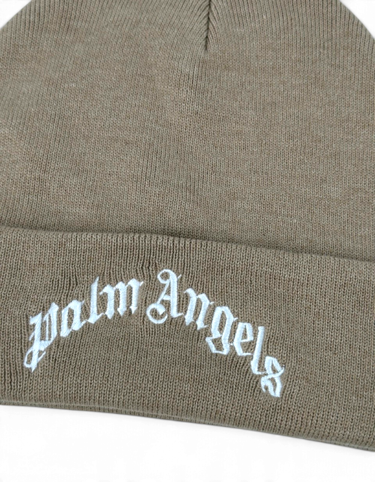 Berretto beanie Palm Angels color kaki in misto cotone con logo ricamato bianco sul risvolto
