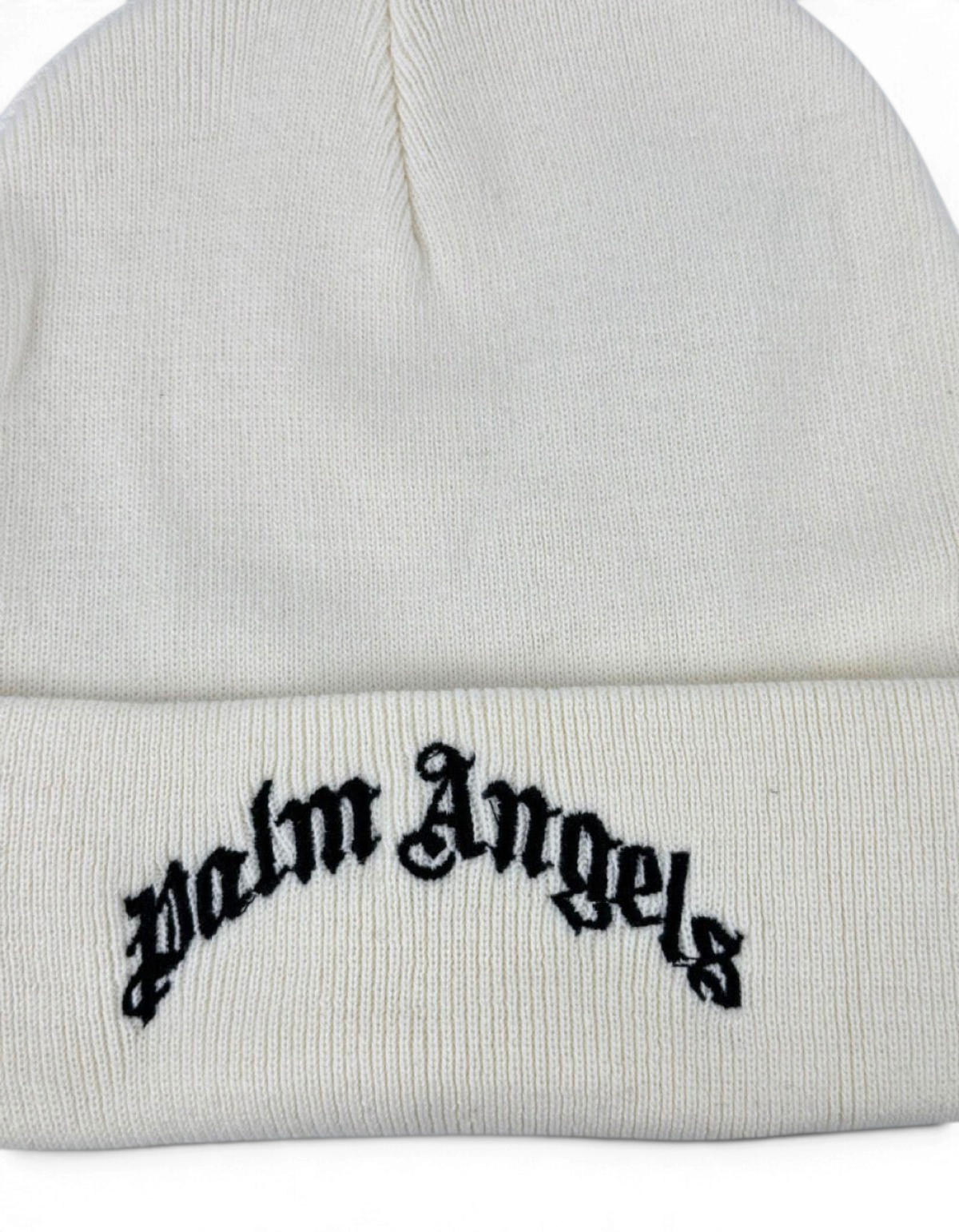 Berretto beanie bianco Palm Angels in misto cotone con logo nero ricamato sul risvolto