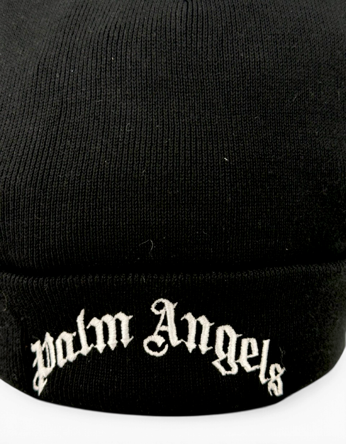 Berretto beanie nero in misto cotone con logo Palm Angels ricamato in bianco sul risvolto