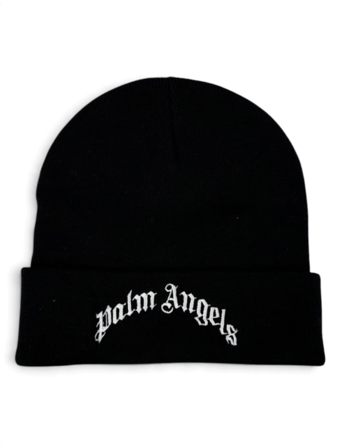 Berretto beanie nero Palm Angels in misto cotone con logo ricamato bianco sul risvolto