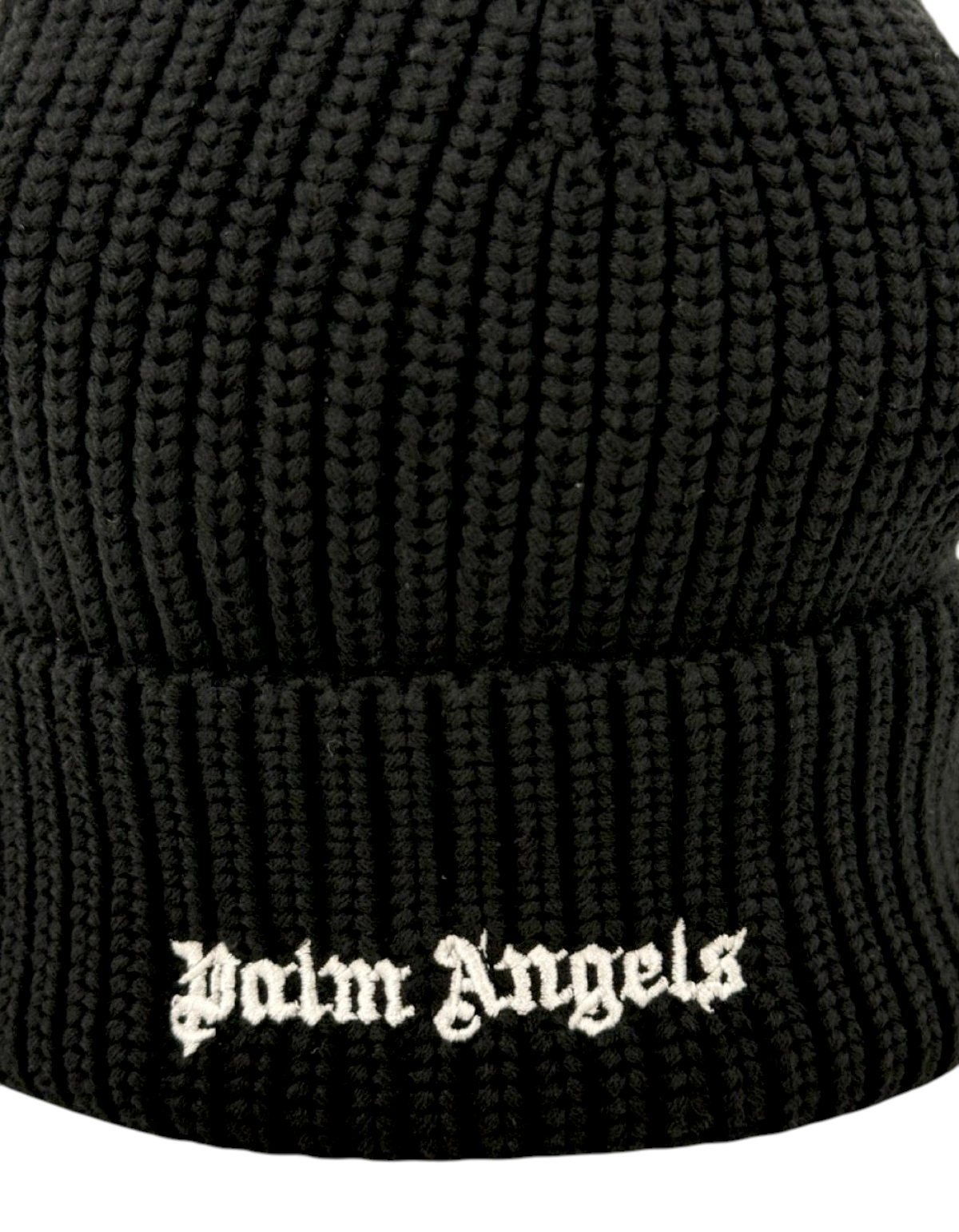 Berretto beanie nero in maglia a coste con logo Palm Angels ricamato in bianco sul risvolto