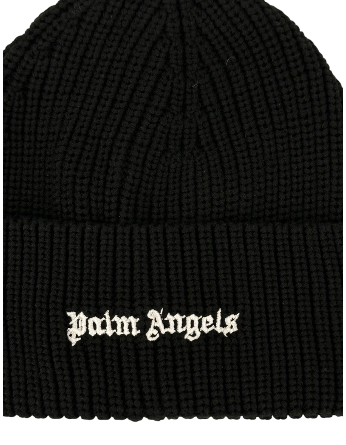 Berretto beanie nero a coste con logo Palm Angels ricamato in bianco, misto cotone e acrilico