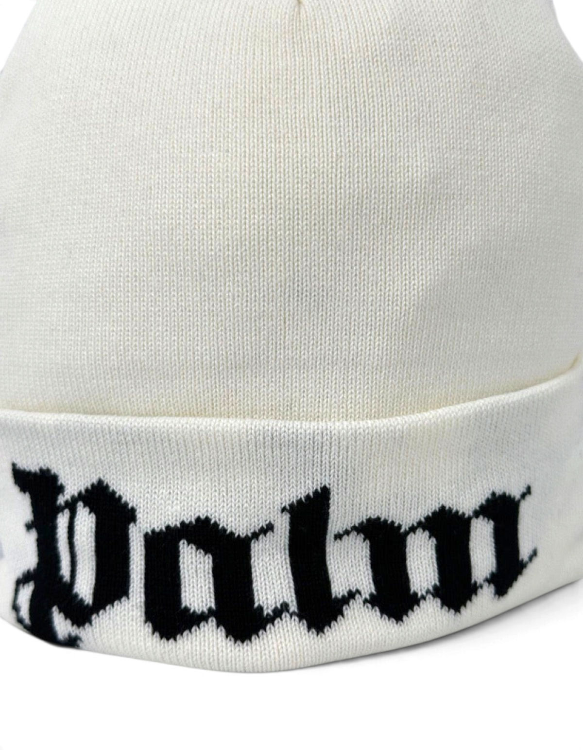 Berretto beanie bianco in misto cotone con logo Palm Angels nero a contrasto sul risvolto