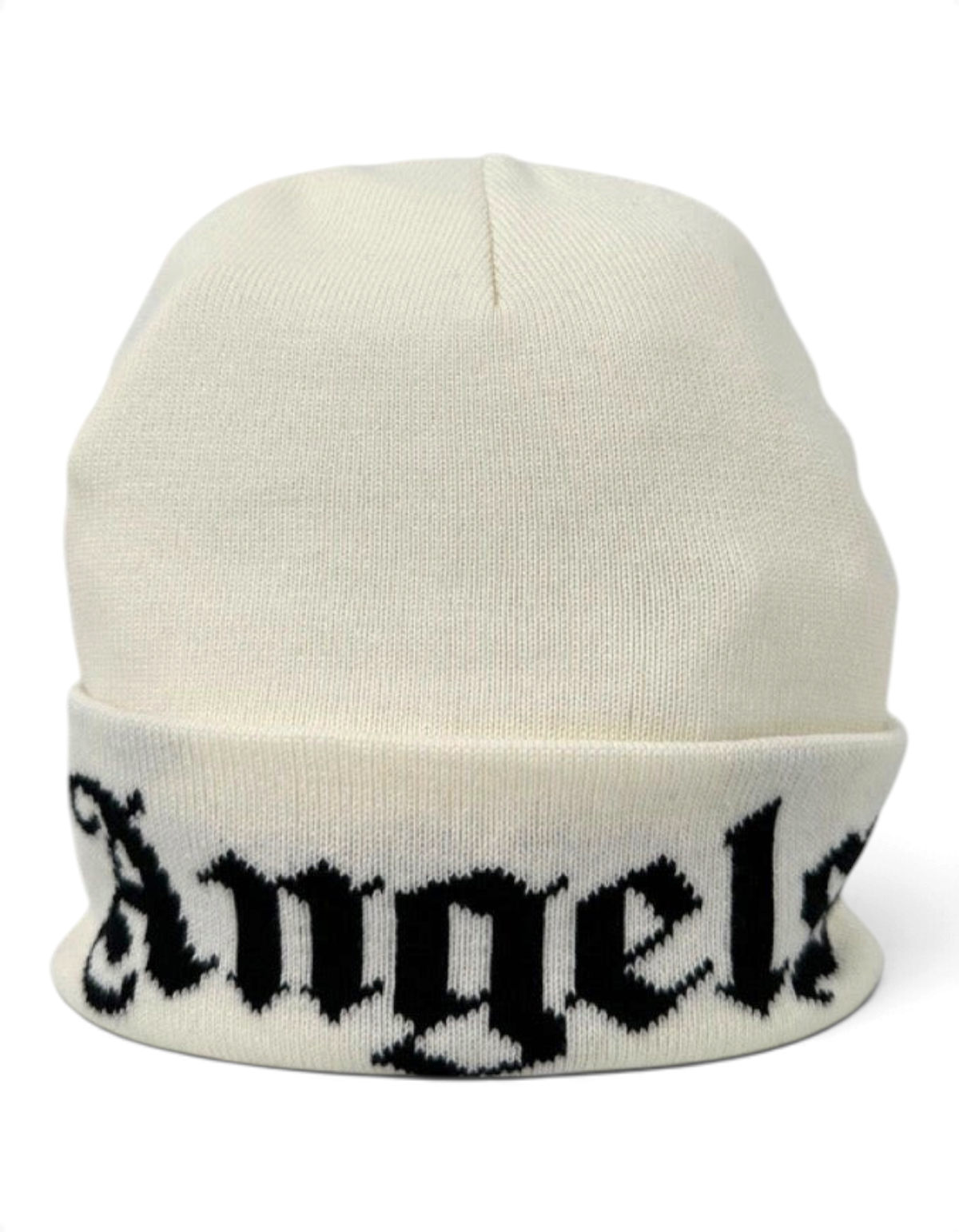 Berretto beanie Palm Angels bianco in misto cotone con scritta Angels nera a contrasto sul risvolto