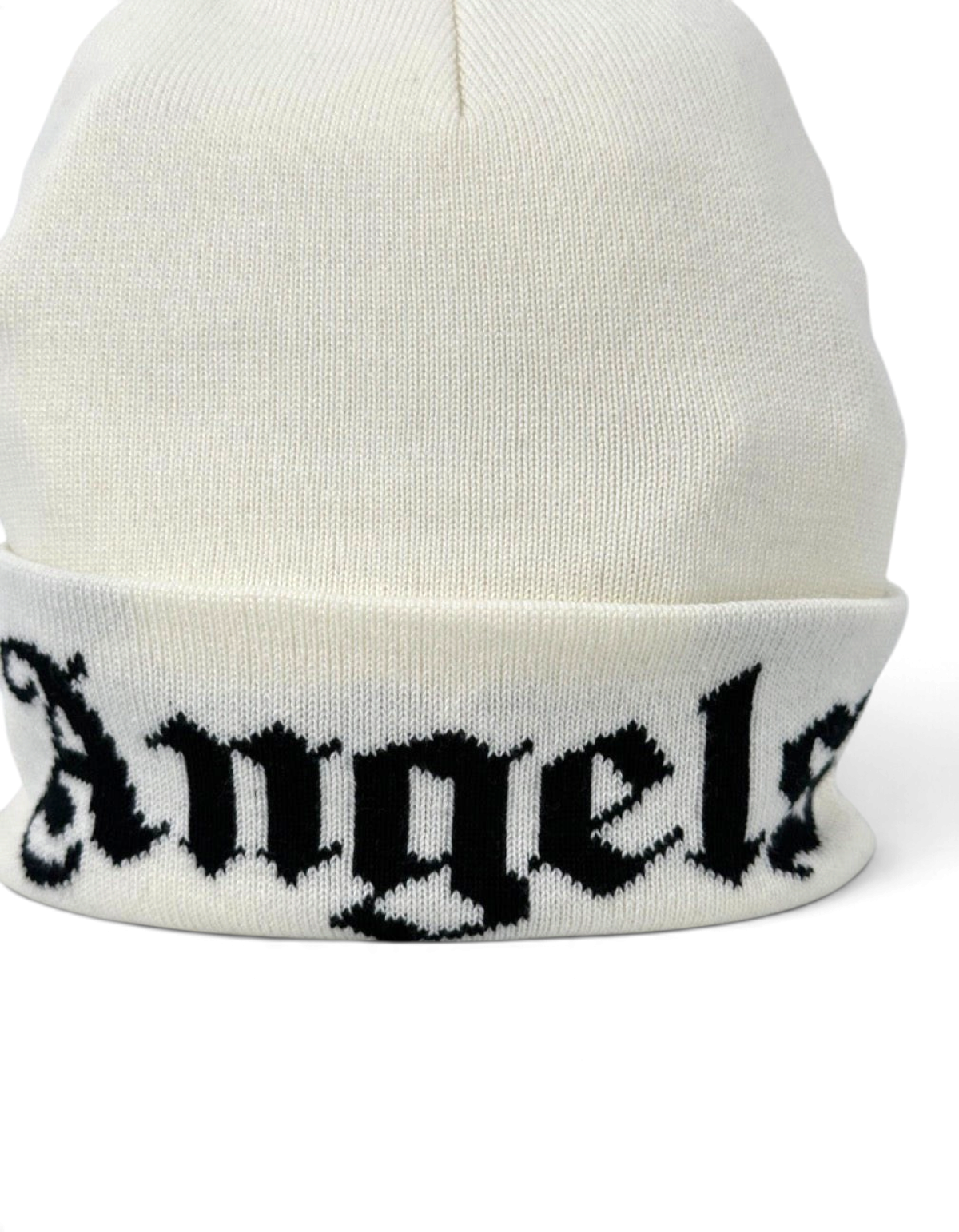 Berretto beanie Palm Angels bianco in misto cotone con logo Angels nero a contrasto sul risvolto