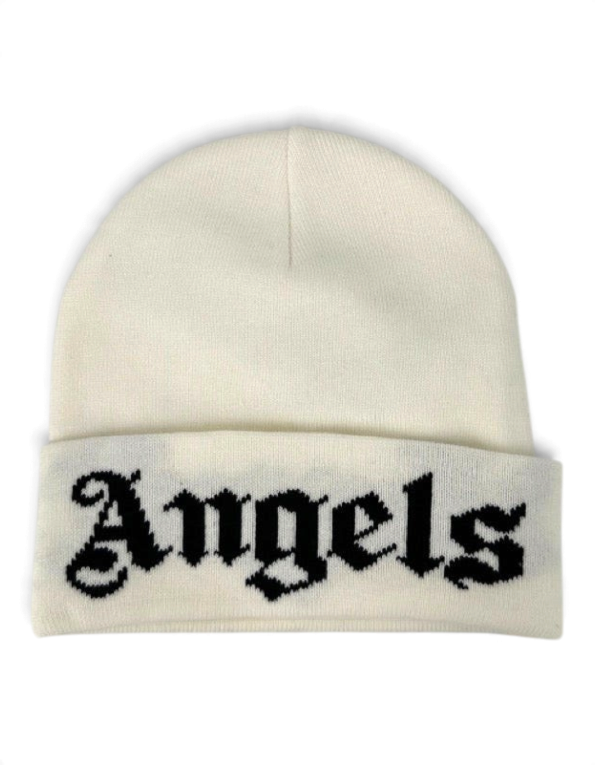 Berretto beanie Palm Angels bianco in misto cotone con logo nero ricamato sul risvolto